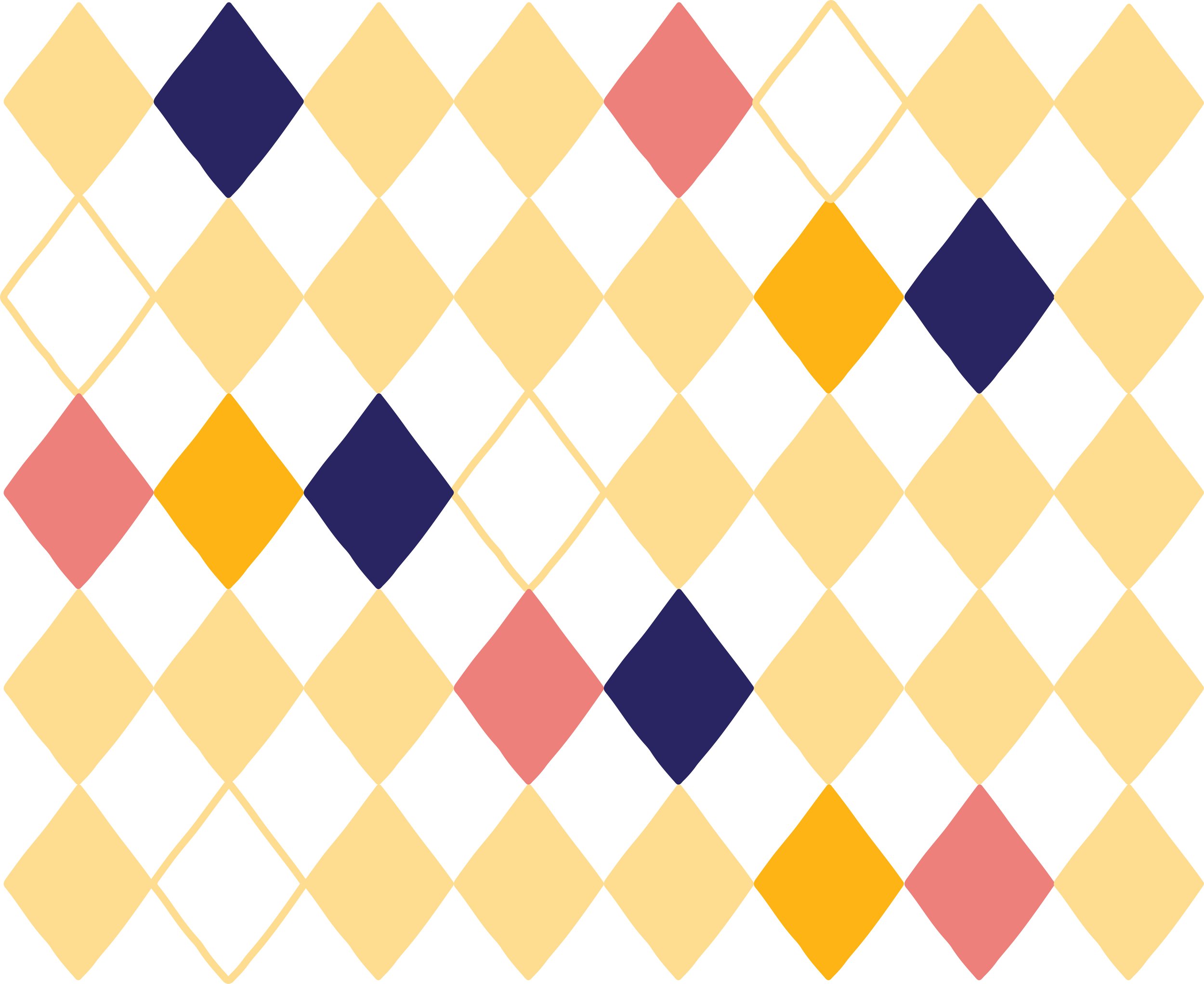 A geometric pattern of overlapping diamond shapes in yellow, navy blue, red, and orange on a white background.