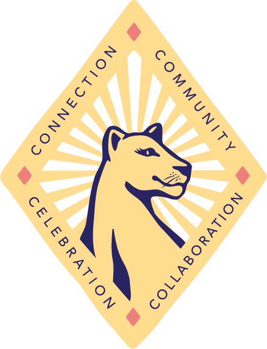 Logo featuring a stylized panther head with rays emanating from the background, surrounded by the words 'Connection,' 'Community,' 'Celebration,' and 'Collaboration' in a diamond-shaped design.