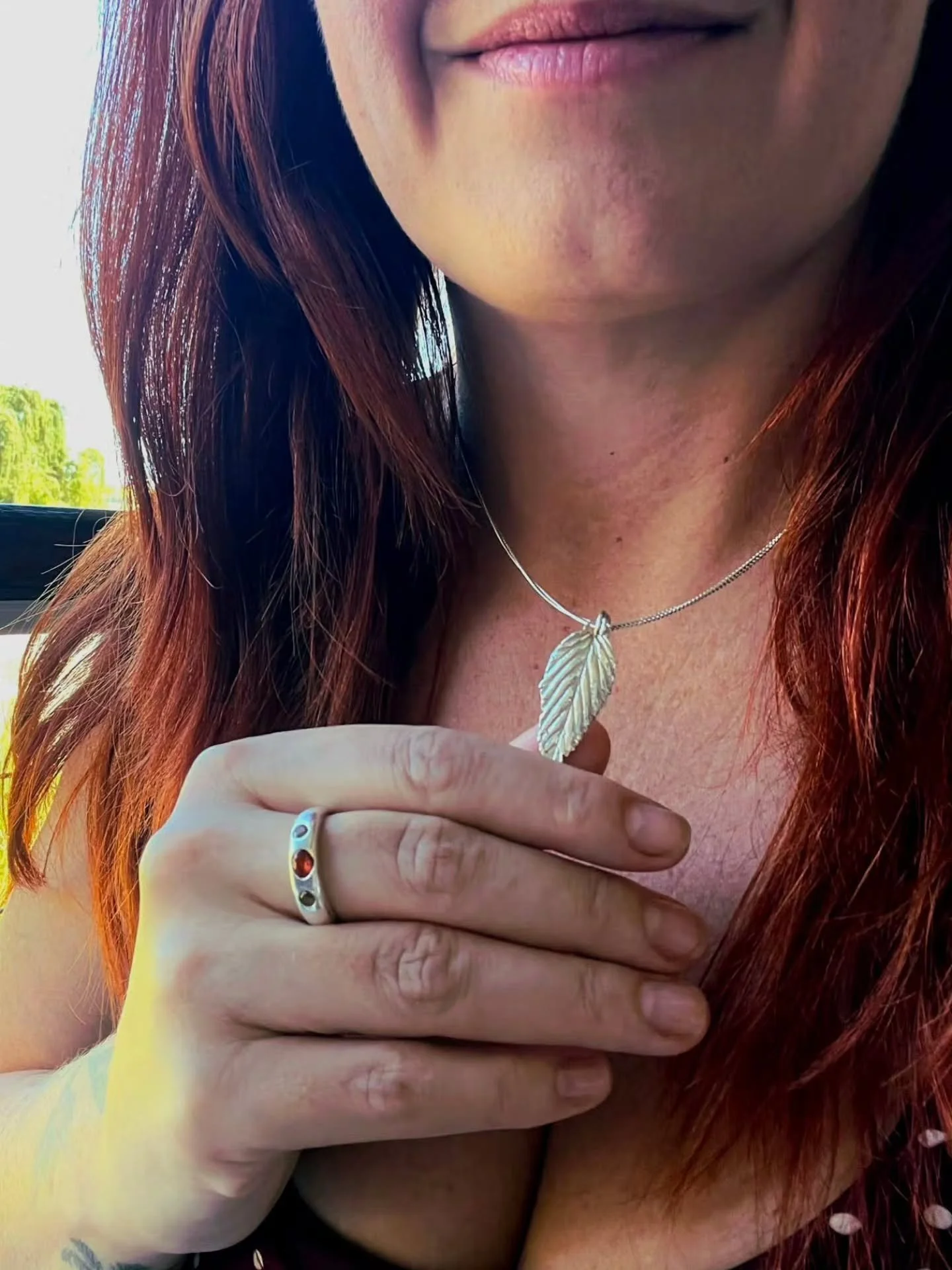 Solid fine silver leaf pendant, pairing beautifully with a custom order triple sapphire cast in place ring. 😊👌