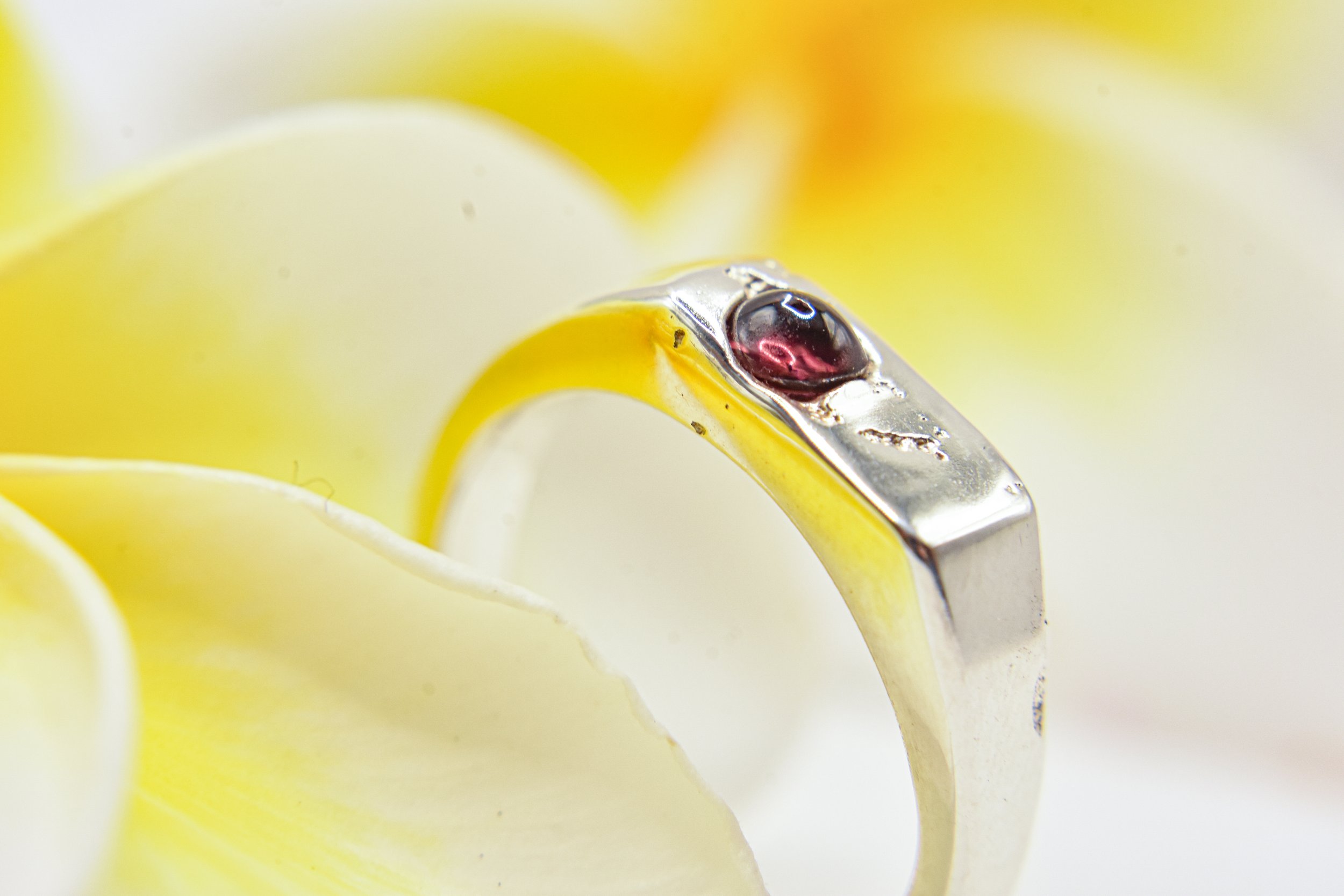 Silver ring with a dark red gemstone, placed on white and yellow petals.