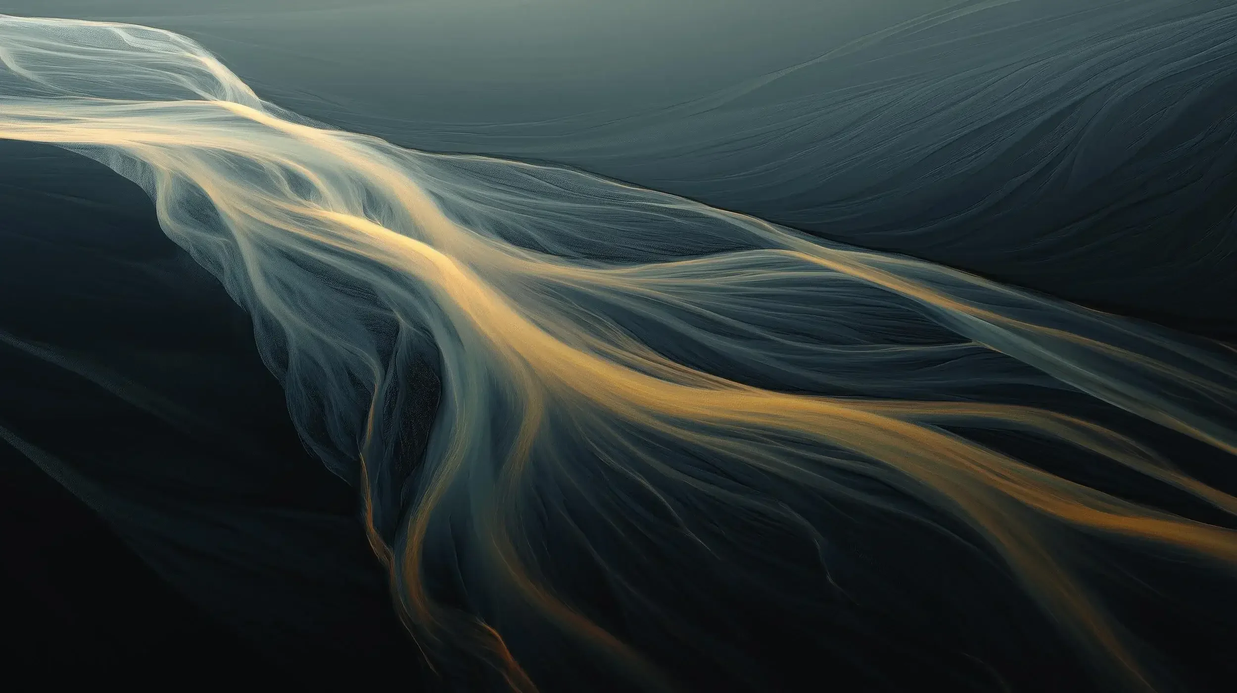 Abstract aerial landscape with braided river streams illustrating Eqxia four-step AI transformation methodology
