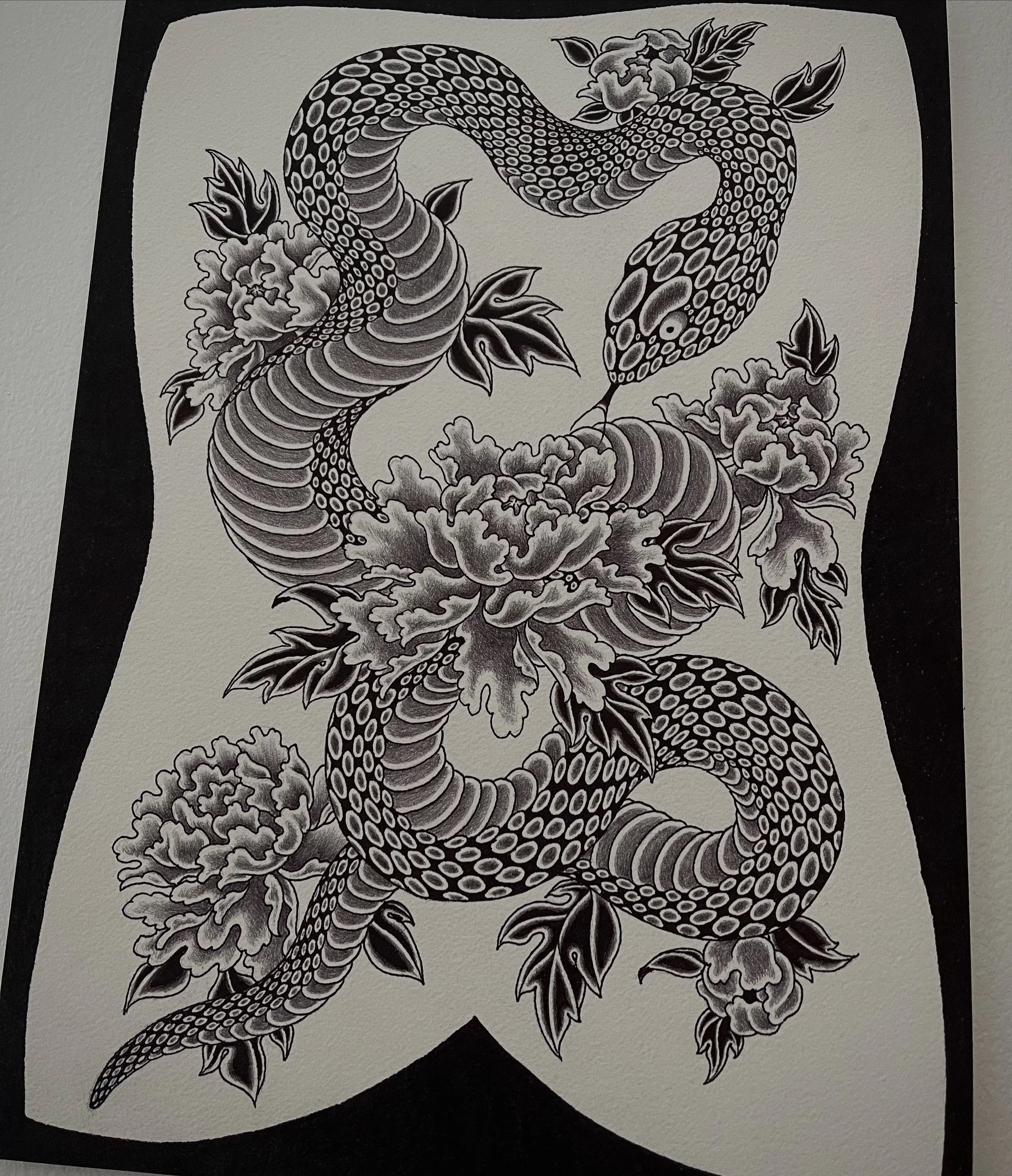 Fine line Japanese snake and peony backpiece tattoo design.