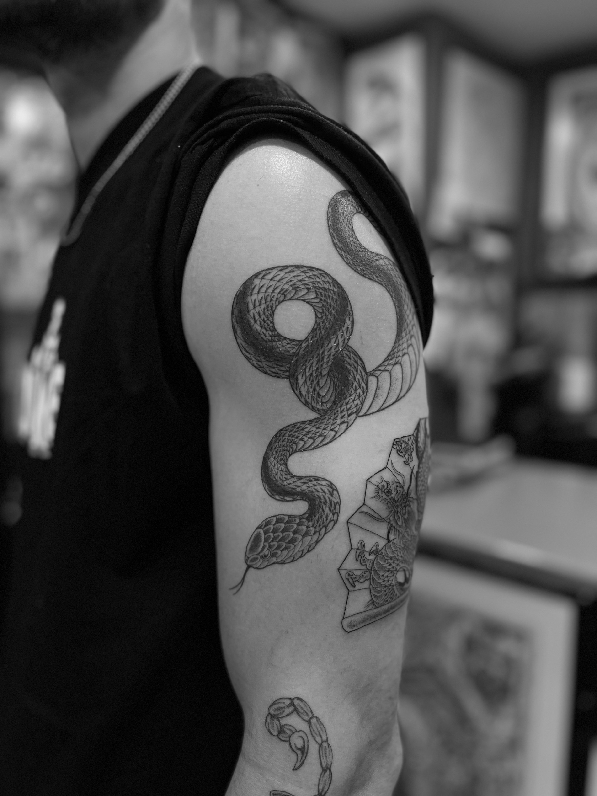 Fine line black and grey snake tattoo, done at Frith Street Tattoos, Soho, central London.