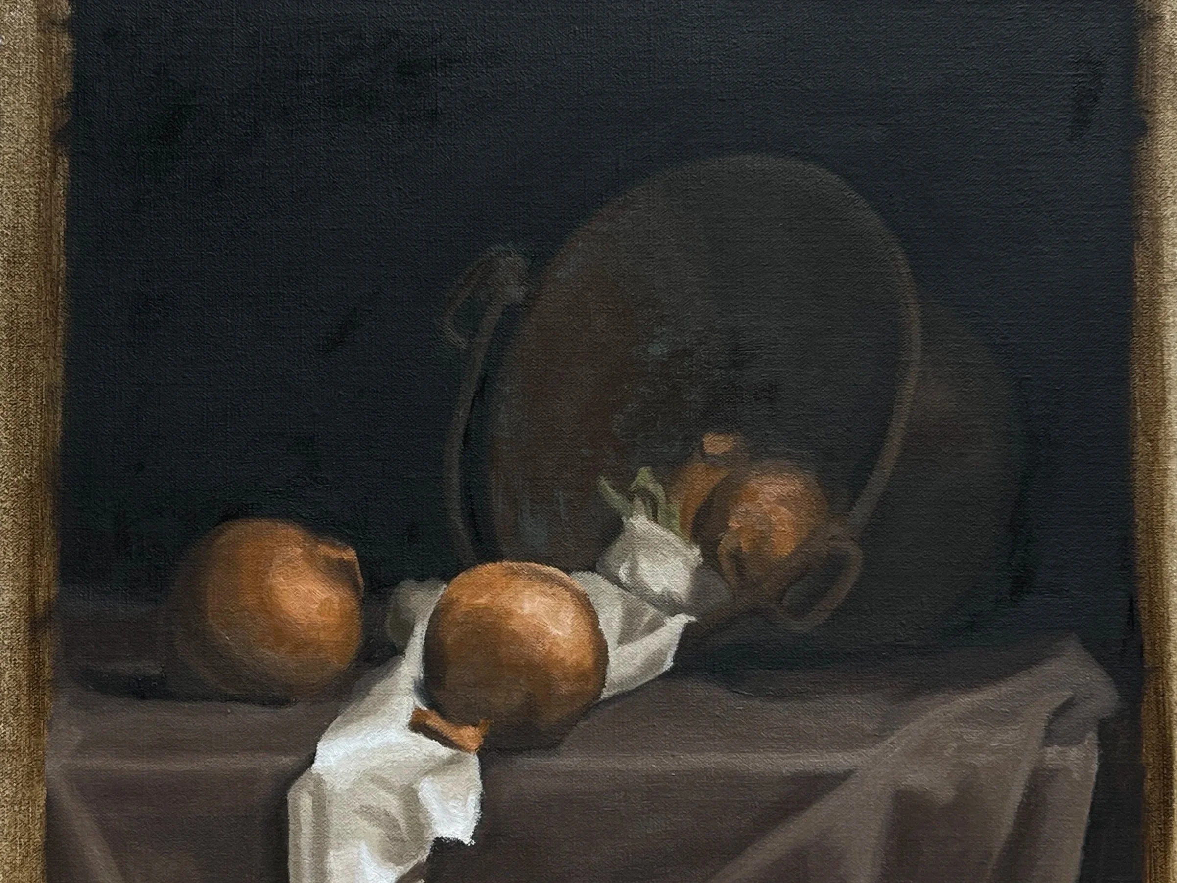 Painting from life of onions, garlic and a copper pot with fabric.