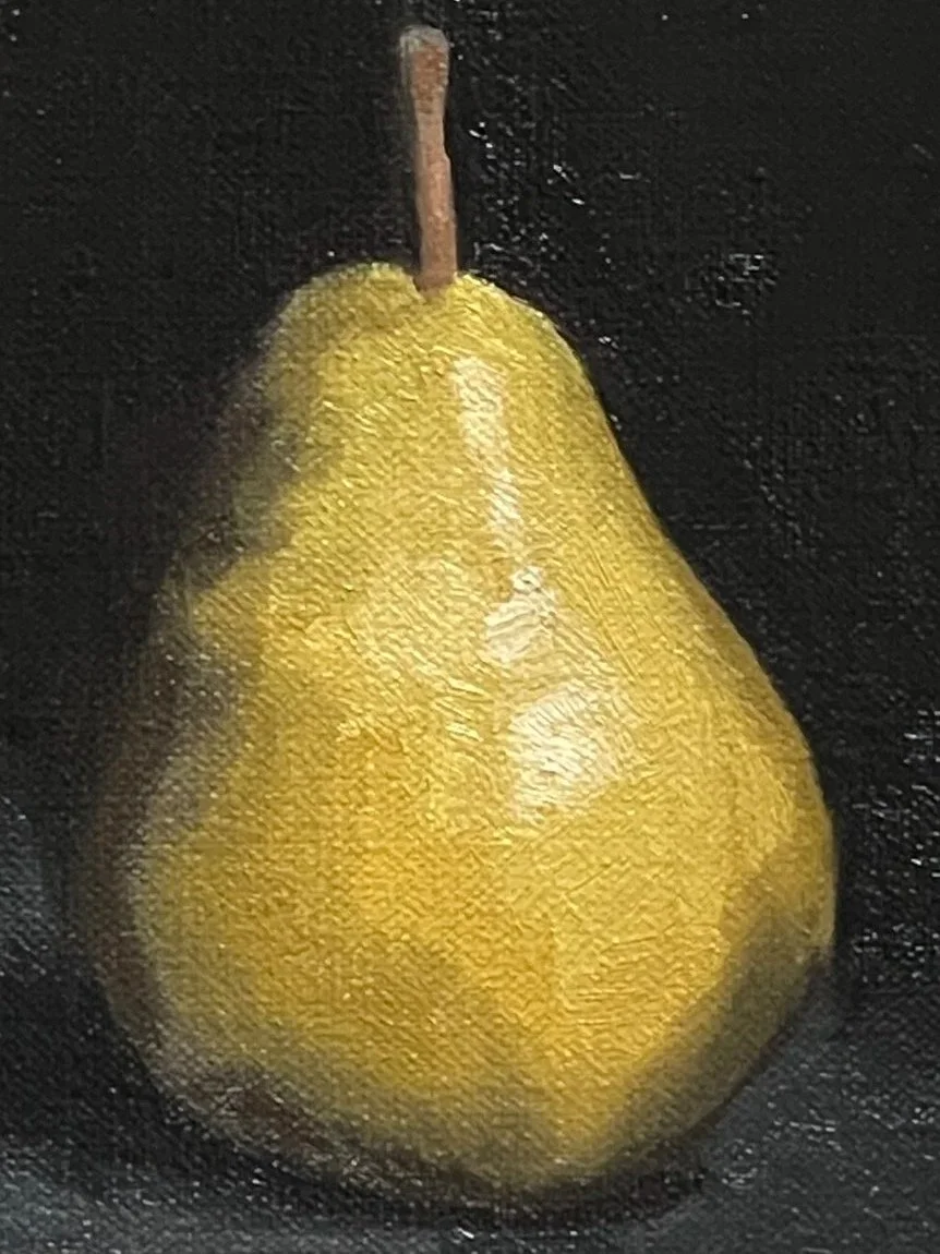 Still life oil painting of a pear 