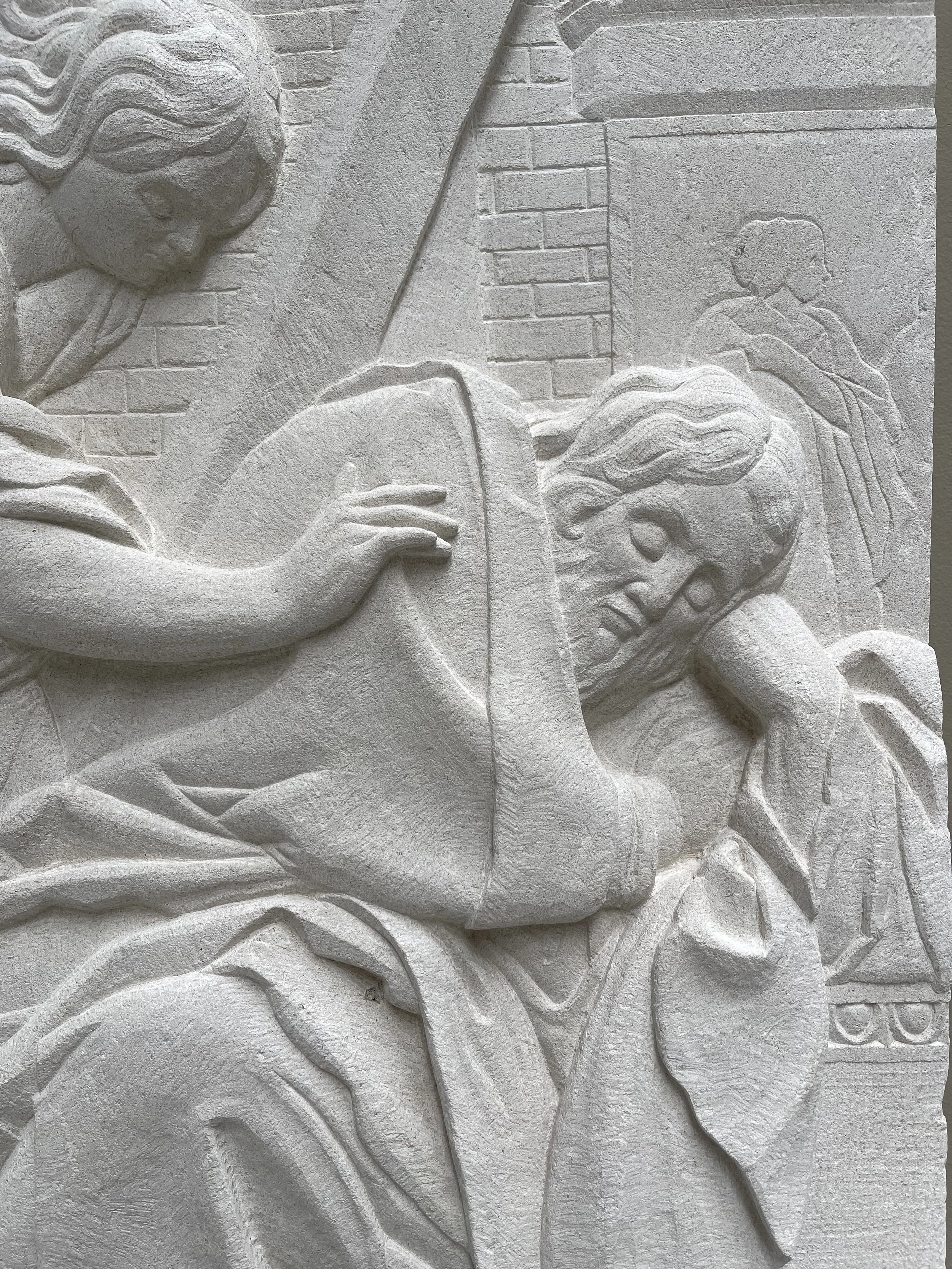 Stone carving in relief of Simon Vouet's 'Dream of Saint Joseph', in Portland stone.