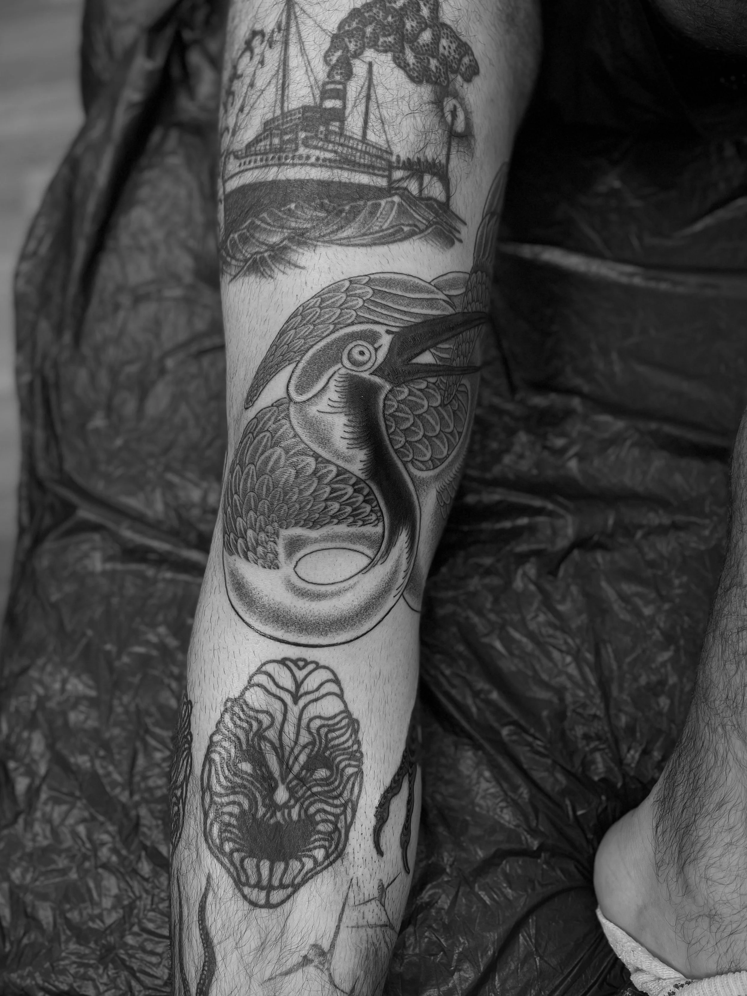 Fine line, black and grey crane tattoo on the leg, done at Frith Street Tattoos, Soho, central London.