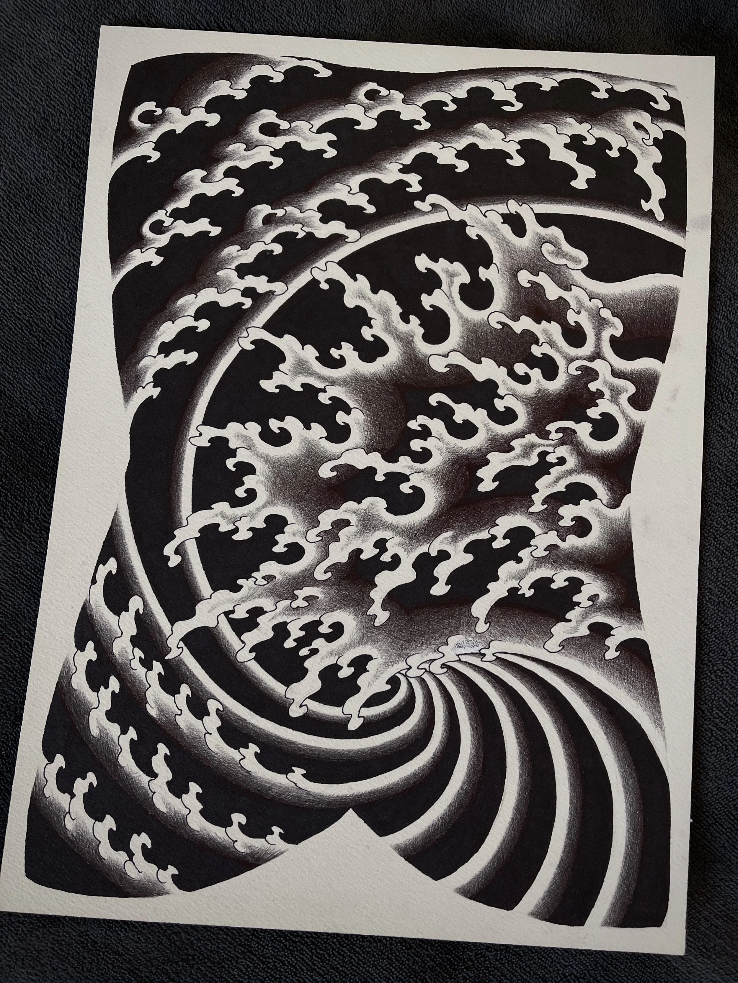 Japanese wave backpiece tattoo design.