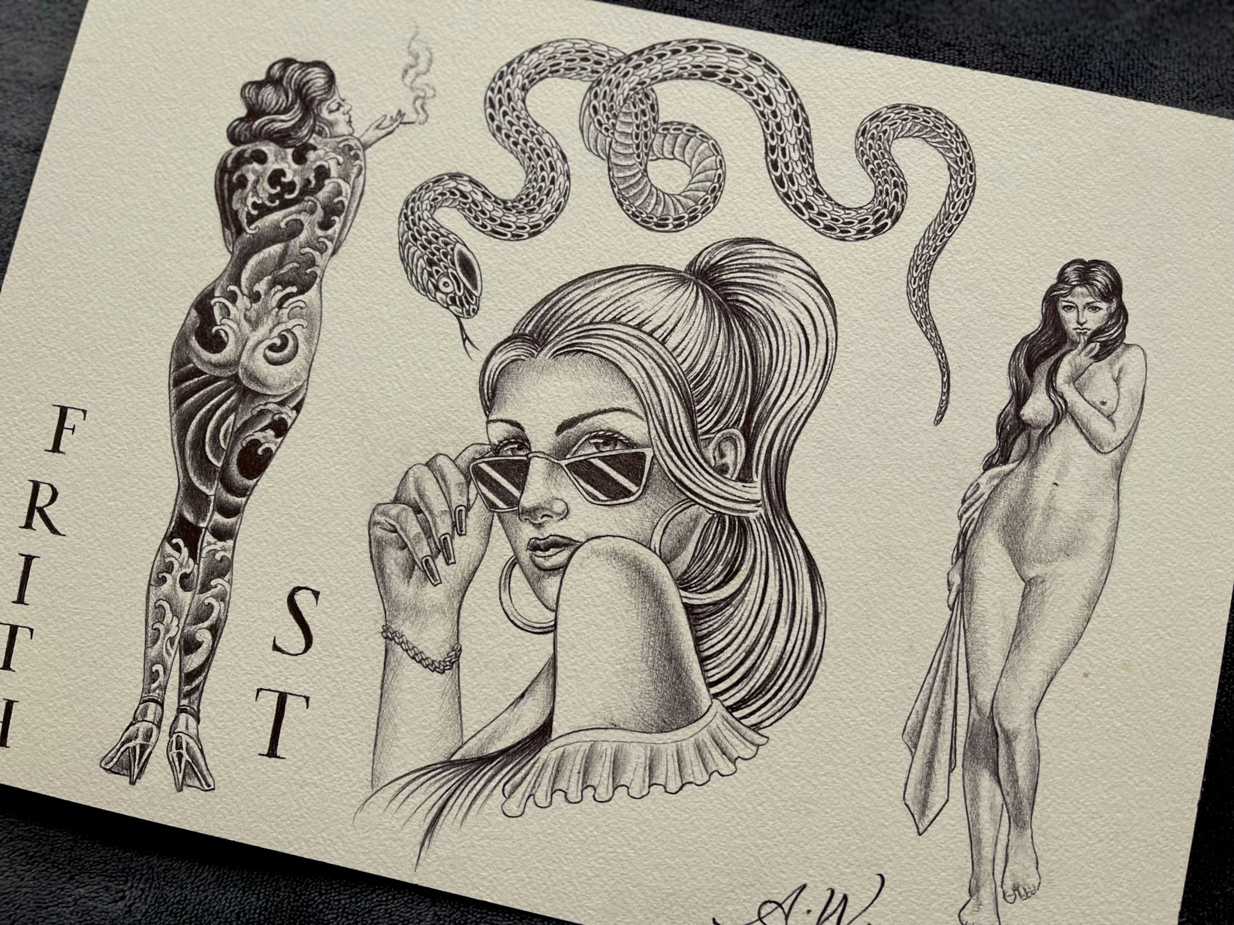 woman and snake tattoo flash design.jpg