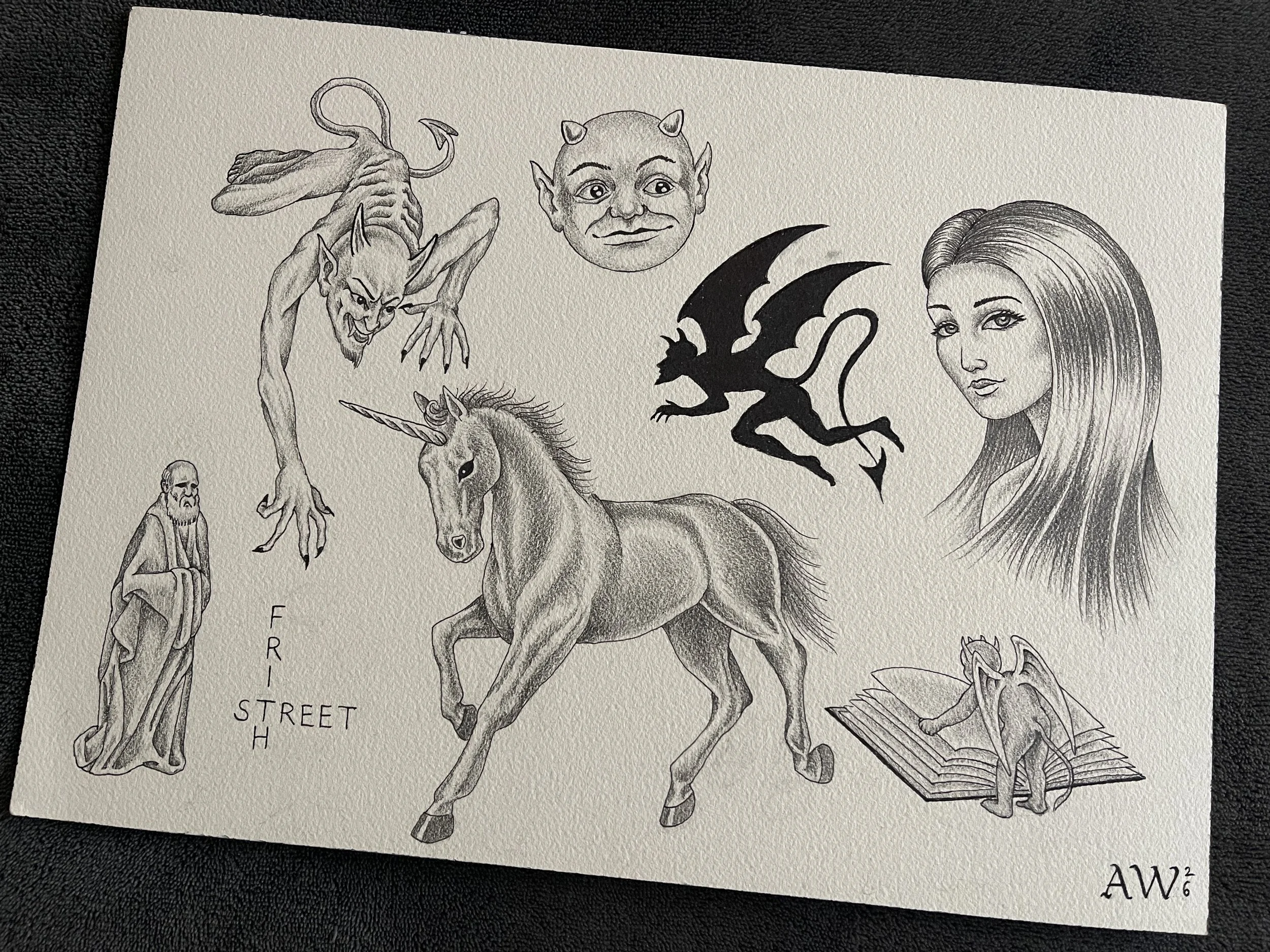 Black and grey fine line tattoo flash sheet featuring devils, old man, unicorn, baby devil reading a book and girl head.