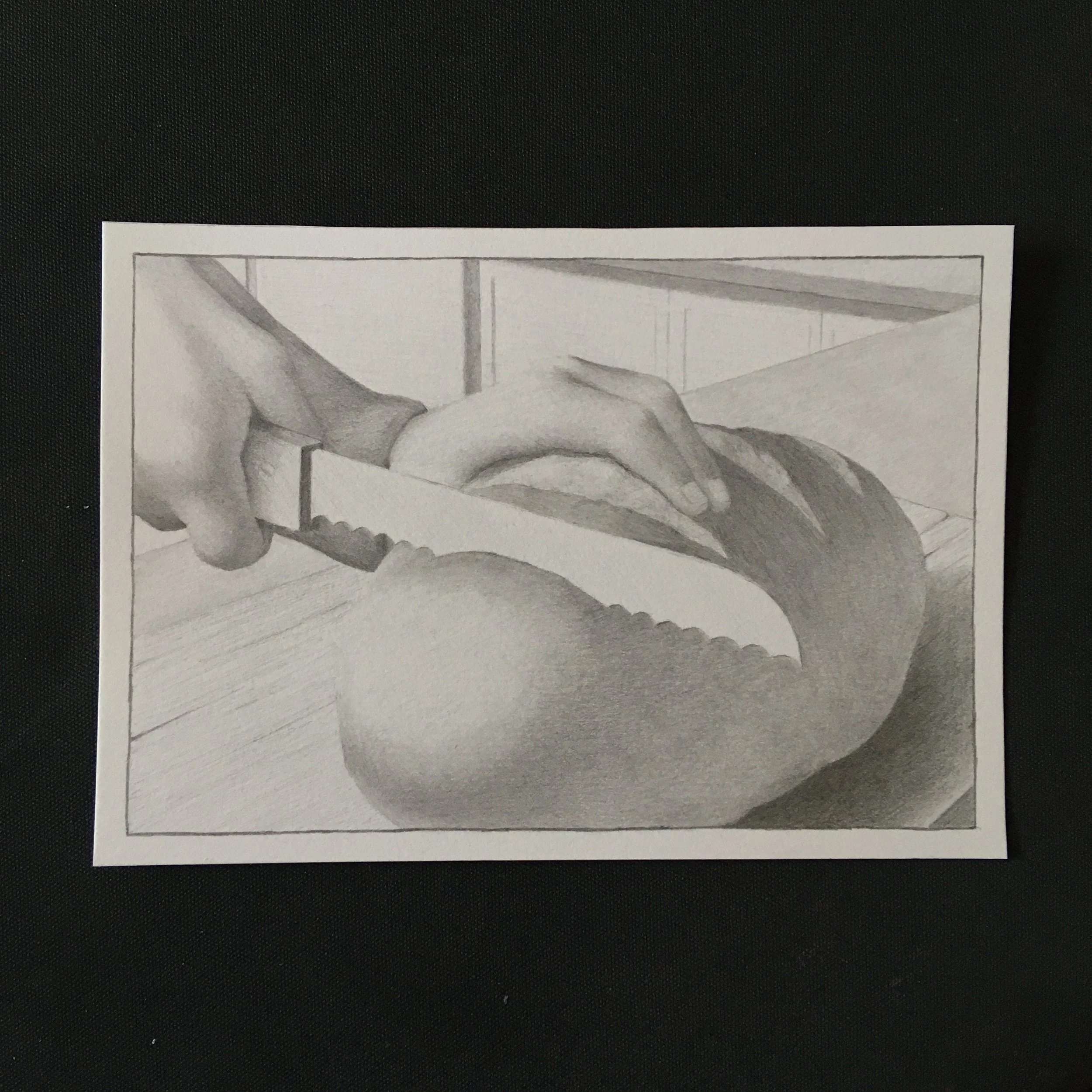 Pencil illustration of baking a loaf of bread during the 2020 covid lockdown.