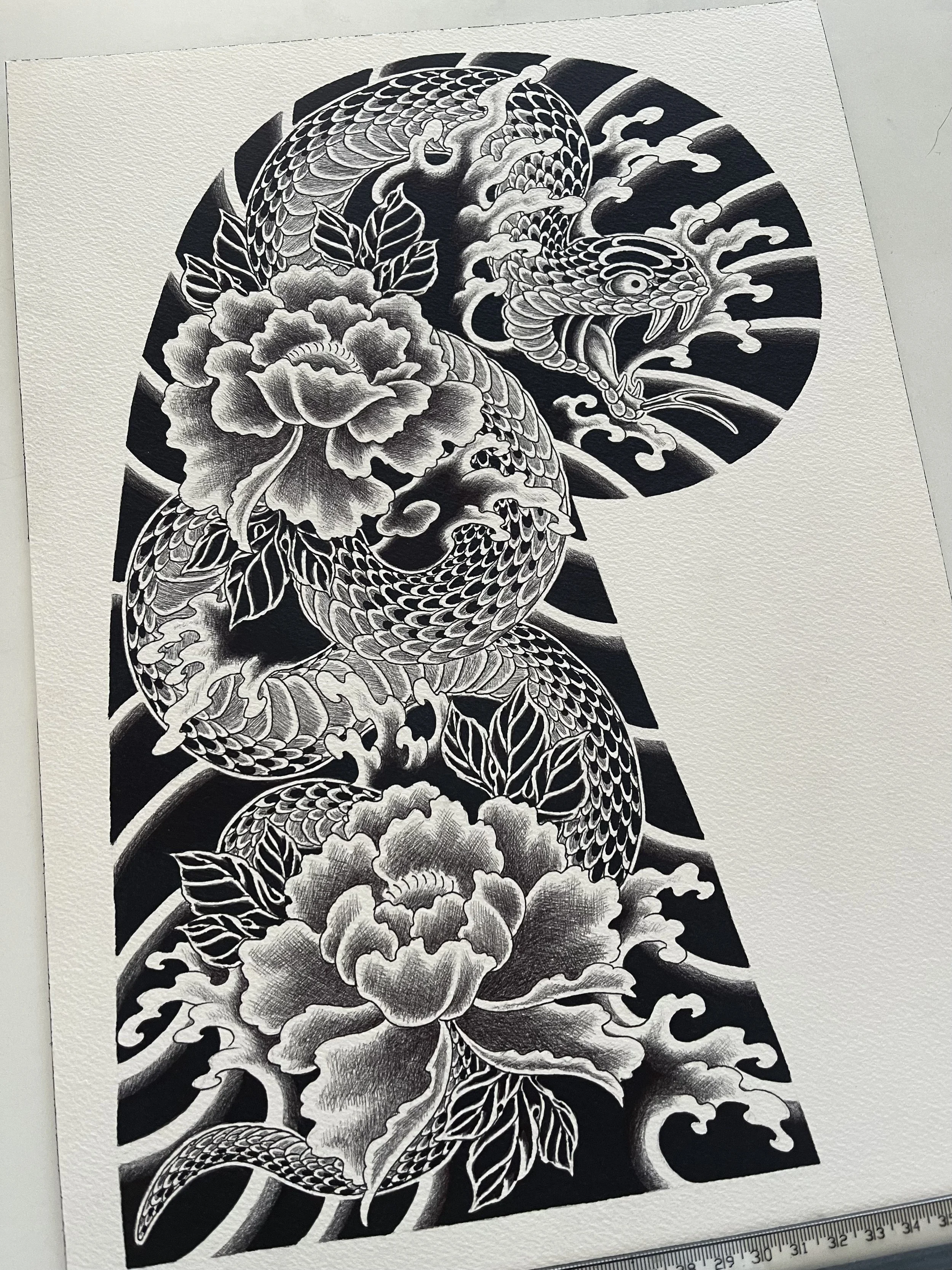 japanese sleeve water peony and snake tattoo design.jpg