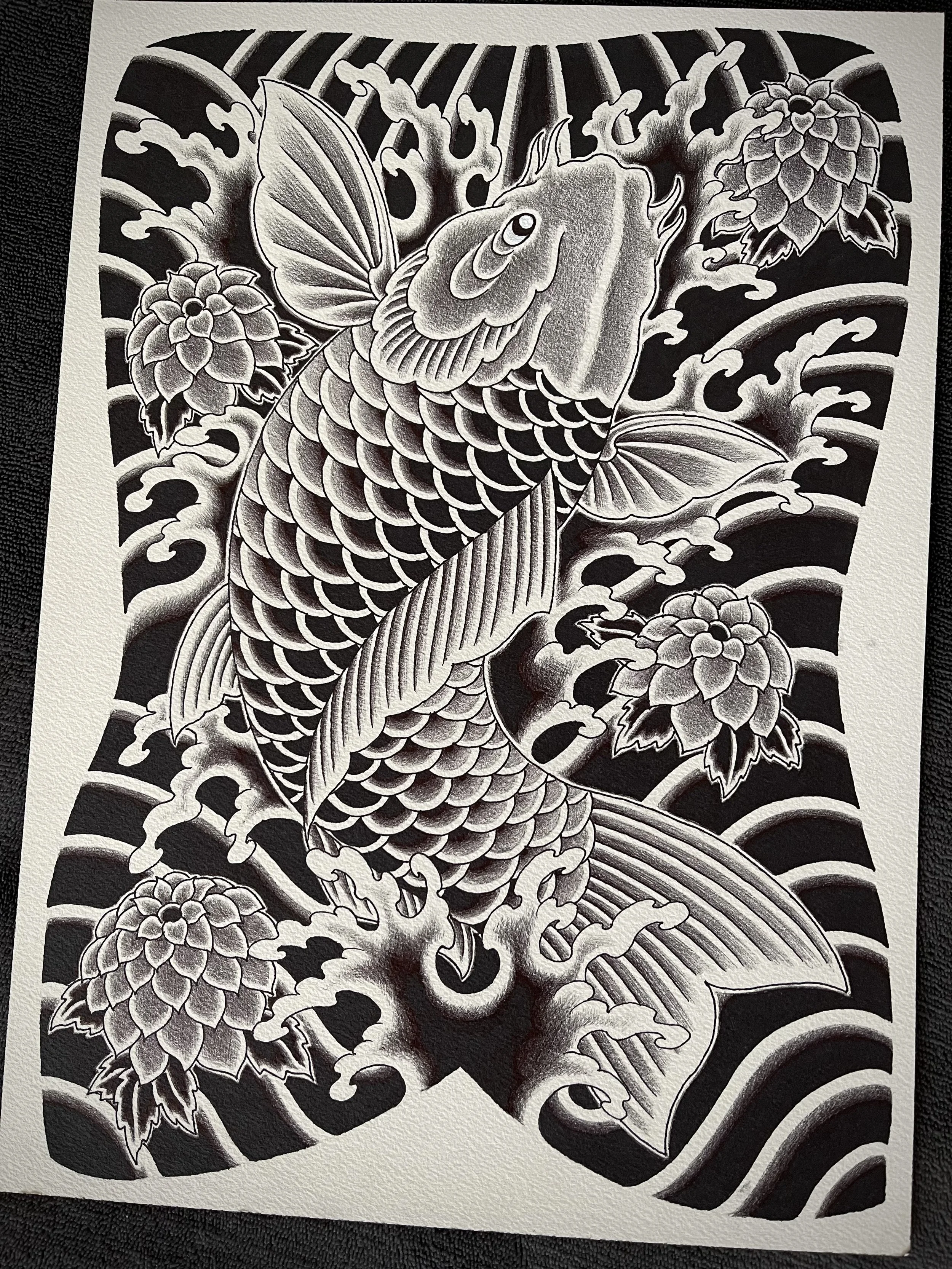 Fine line Japanese koi backpiece tattoo design.