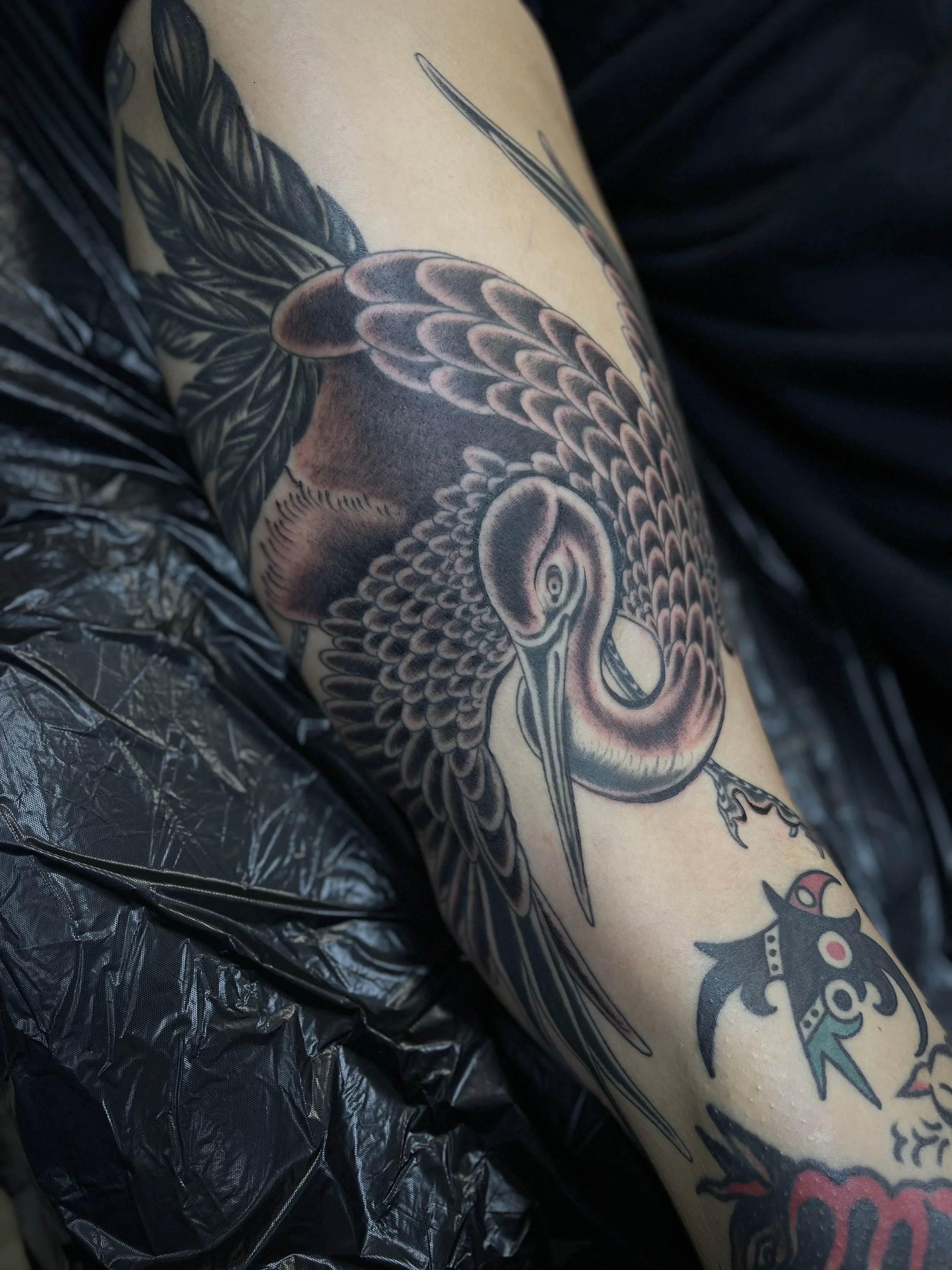 Black and grey crane tattoo on the upper leg, done at Frith Street Tattoos, Soho, central London.
