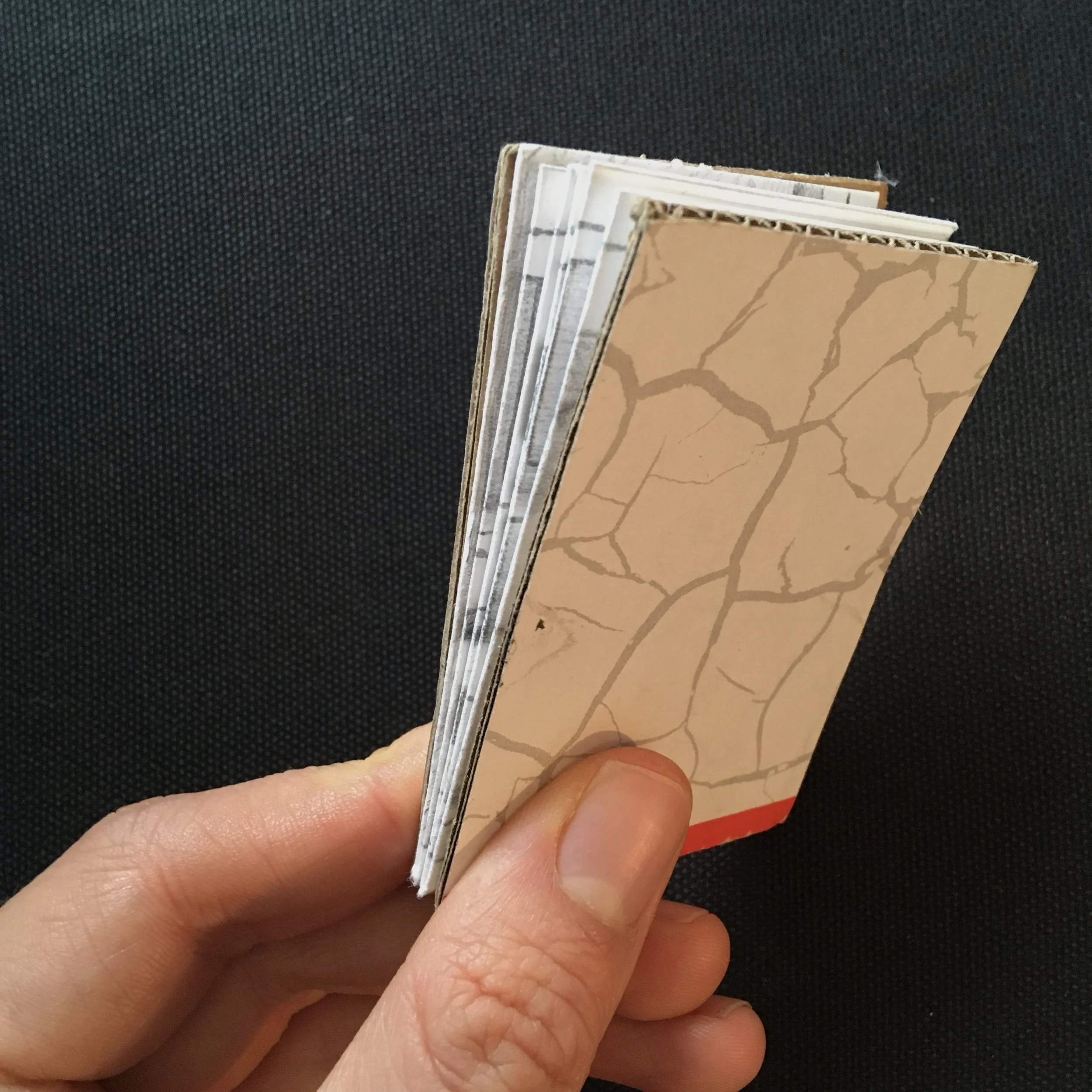 Recycled cardboard book cover for a pencil illustration of a train journey from Falmouth to London.