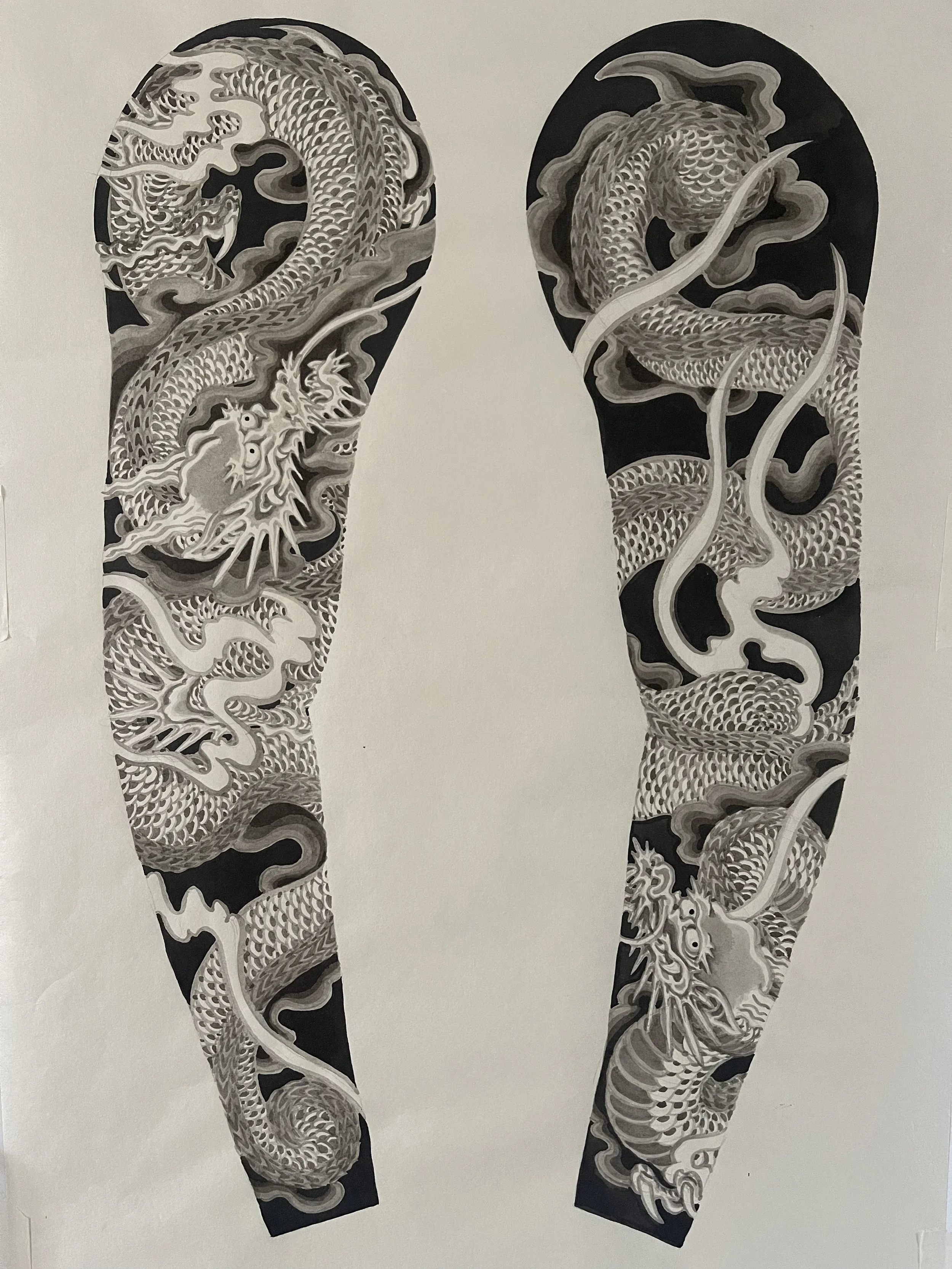 Fine line japanese dragon sleeve tattoo designs