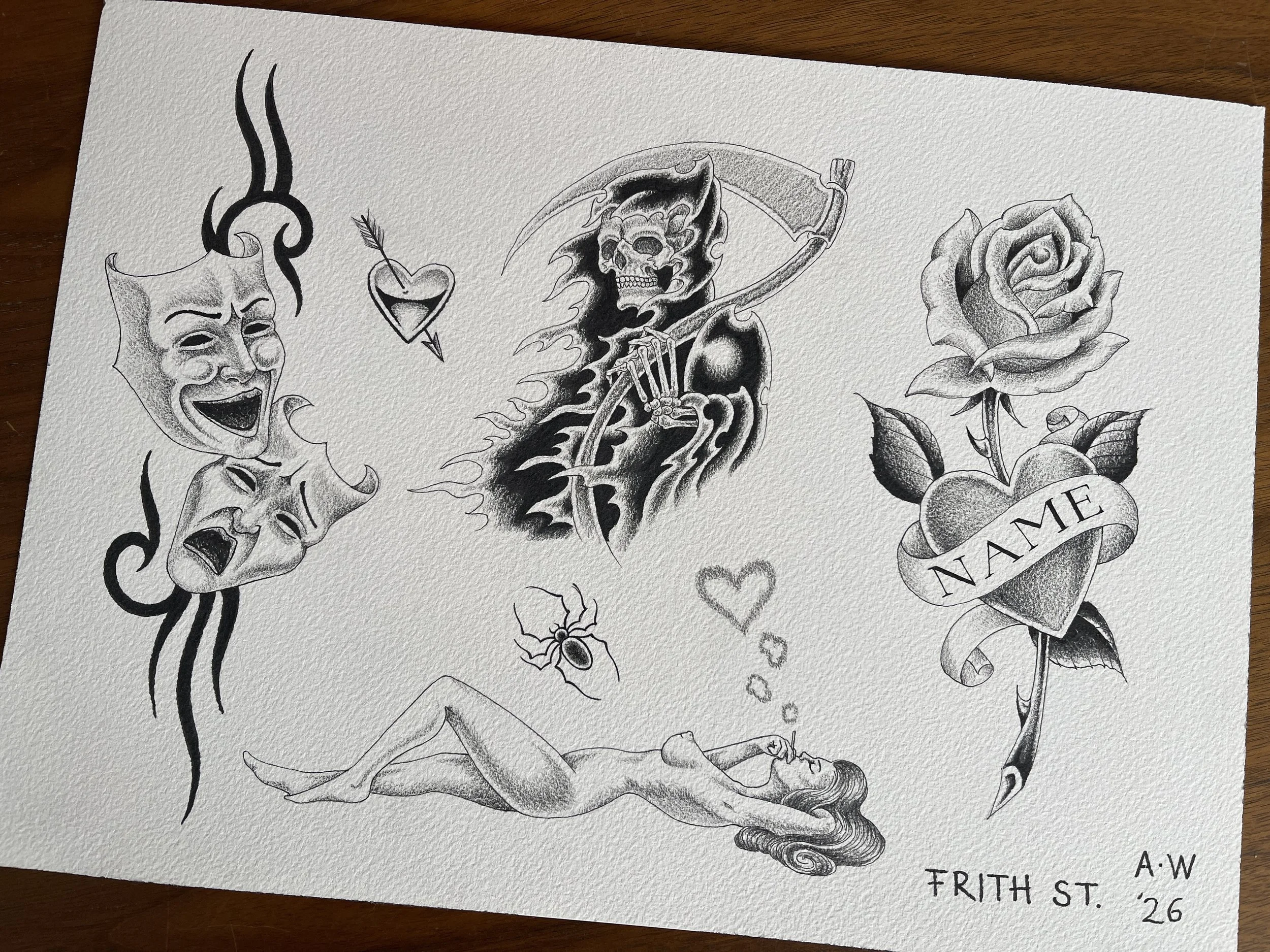 Fine line grim reaper, theatre masks, tribal, girl and rose flash sheet.