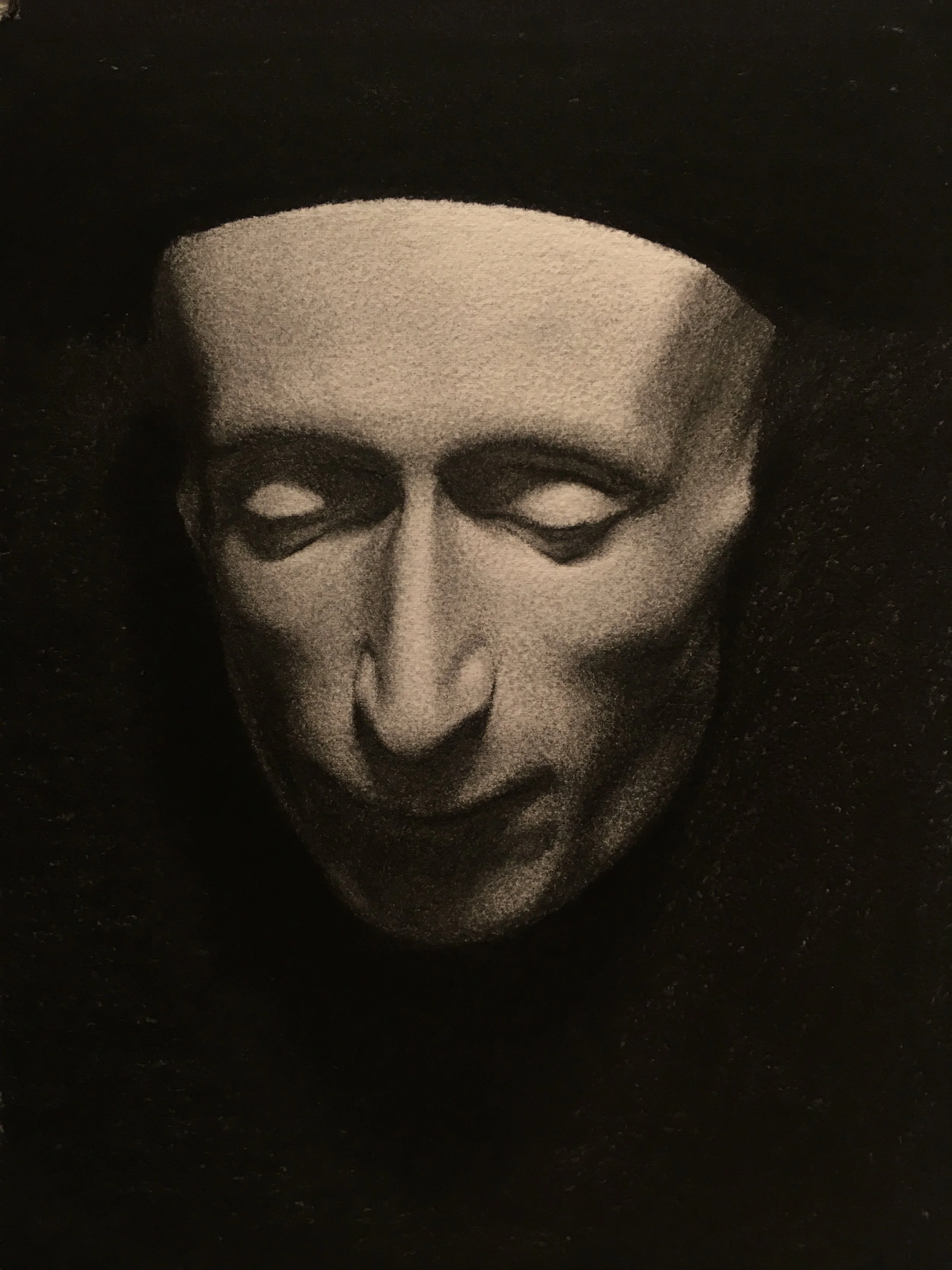 Charcoal drawing of the death mask of Leopardi, 2020.