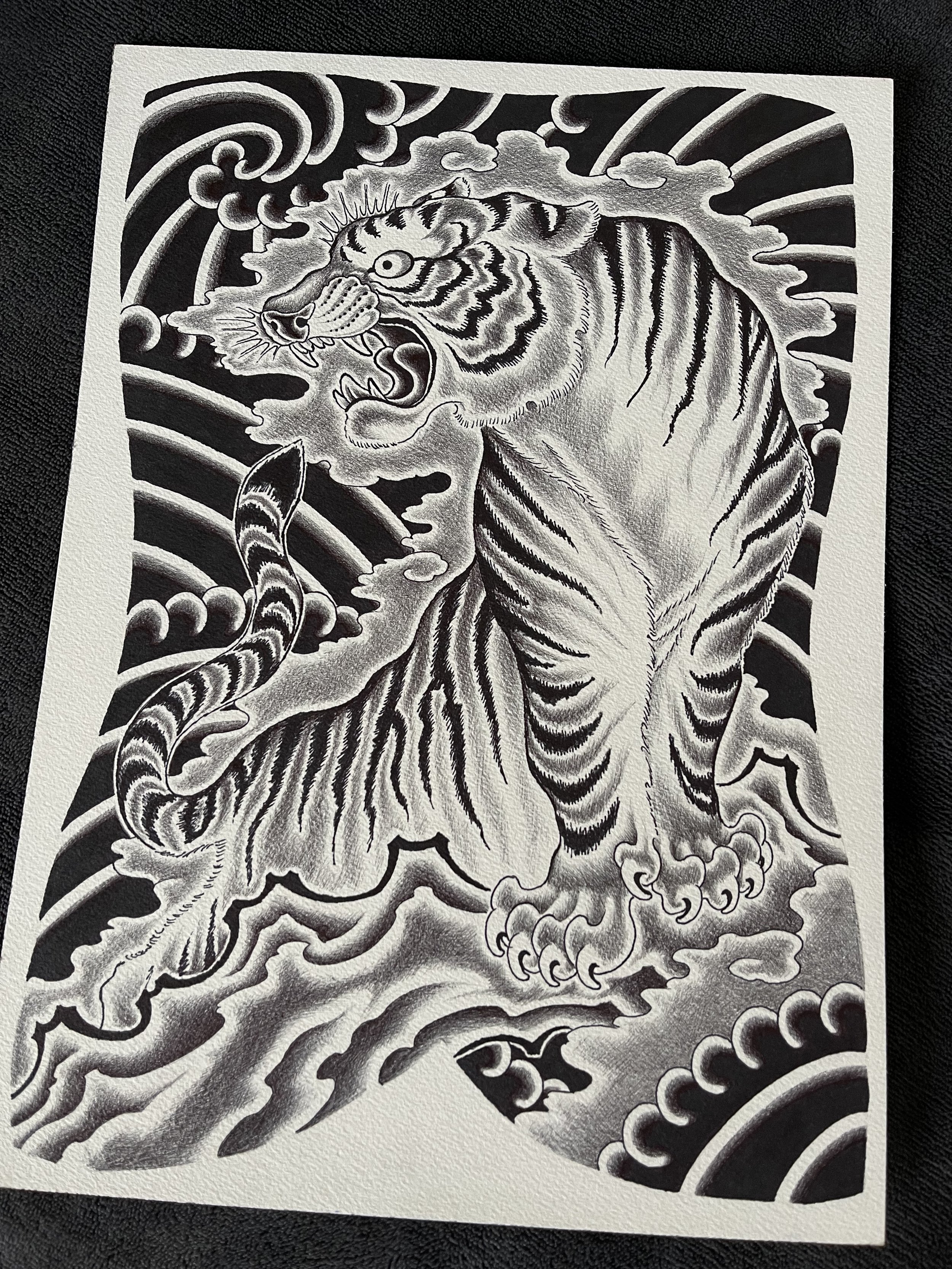 Fine line blacka and grey tiger backpiece tattoo design.