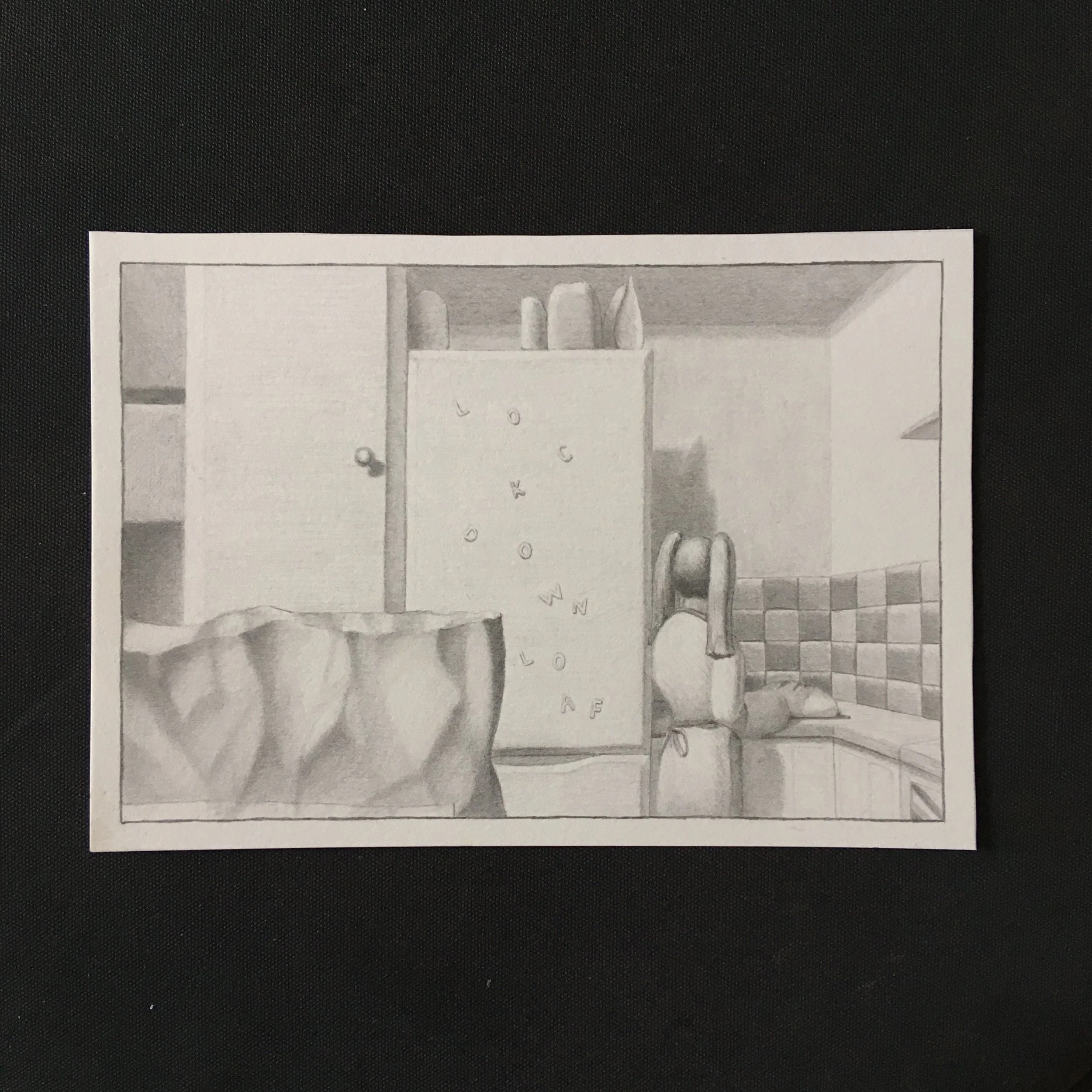 Pencil illustration of baking a loaf of bread during the 2020 covid lockdown.