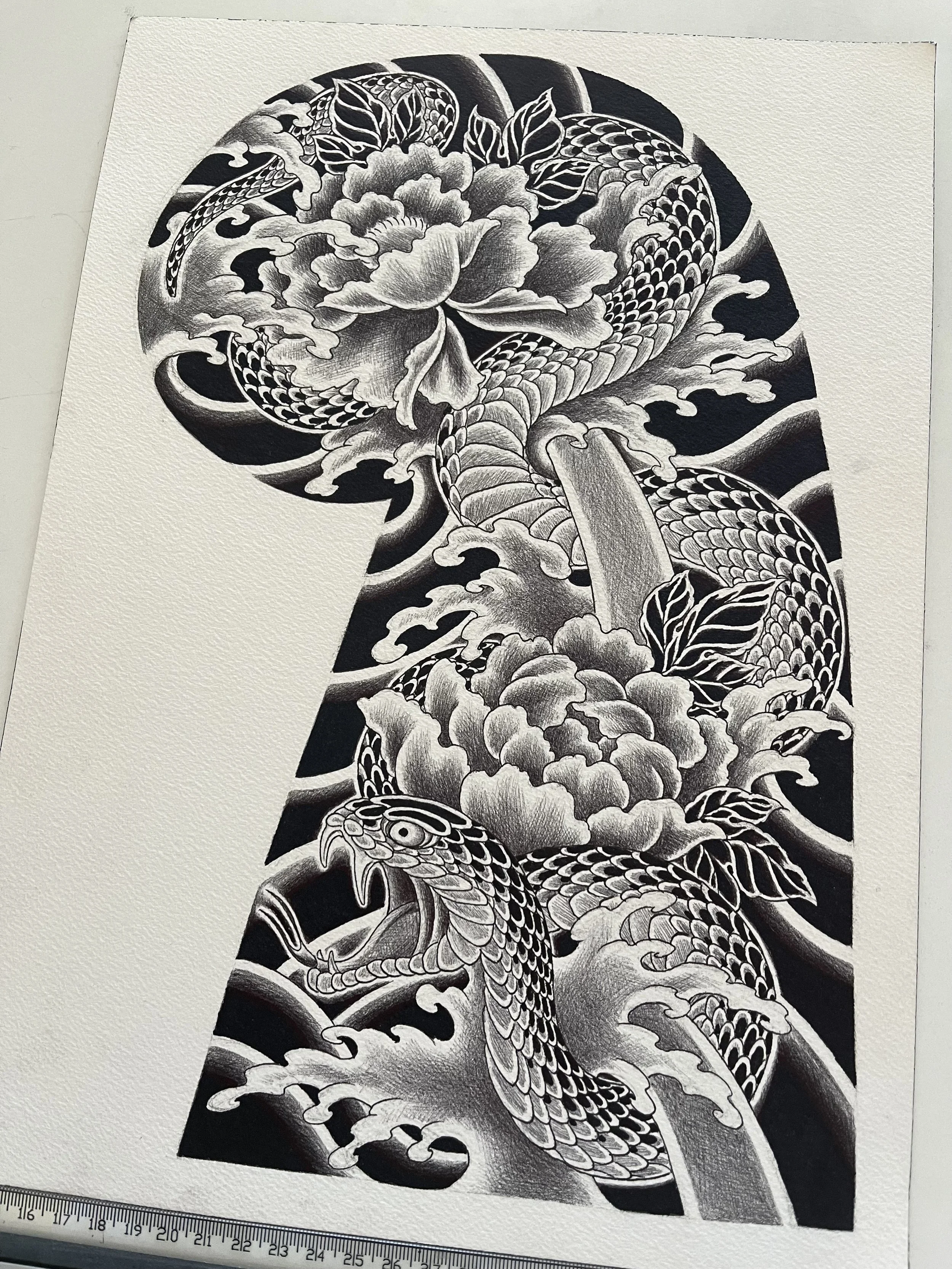 japanese sleeve snake water and peony tattoo design.jpg