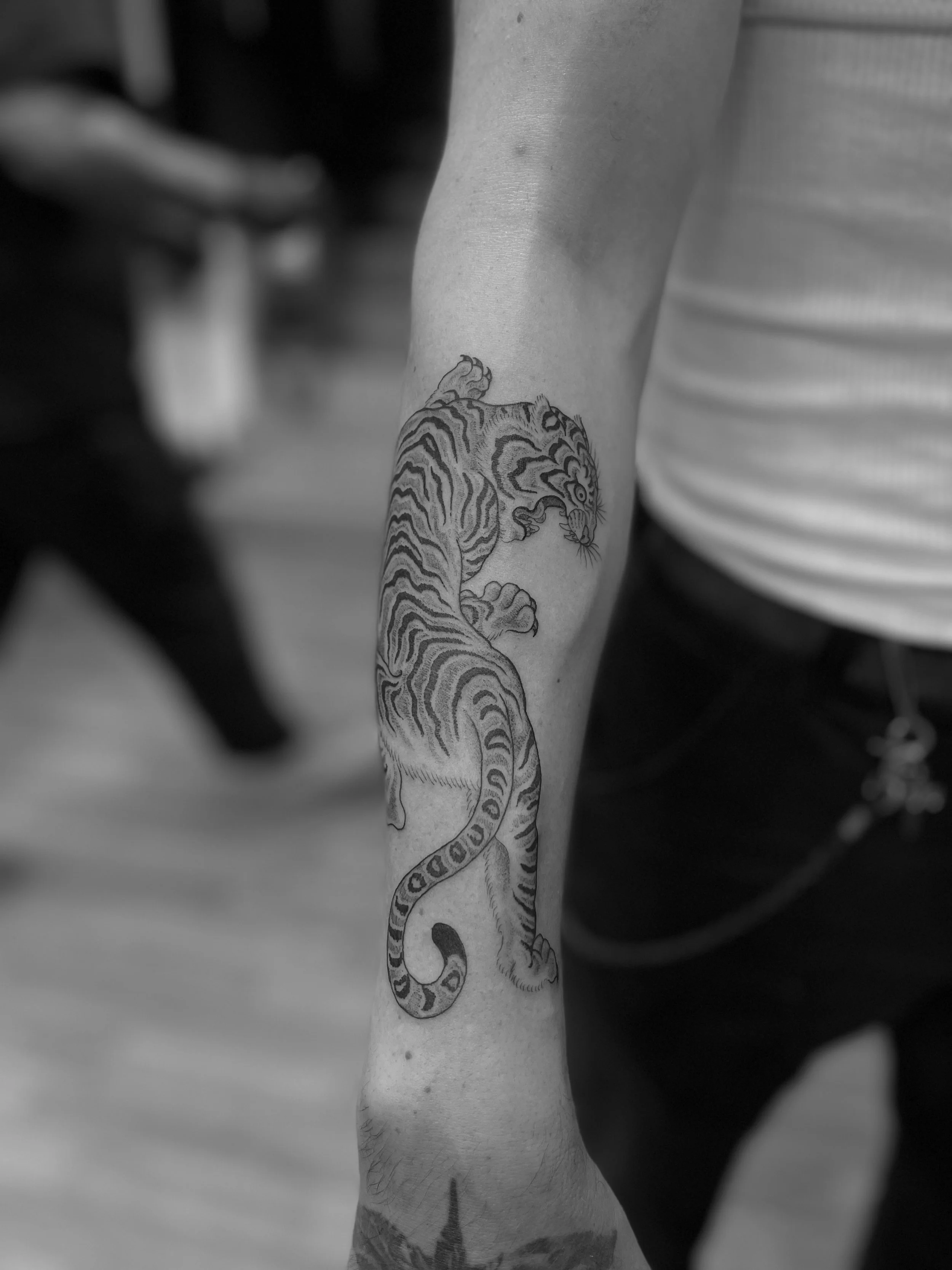 Fine line, single needle tiger tattoo on the forearm, done at Frith Street Tattoos, Soho, central London.