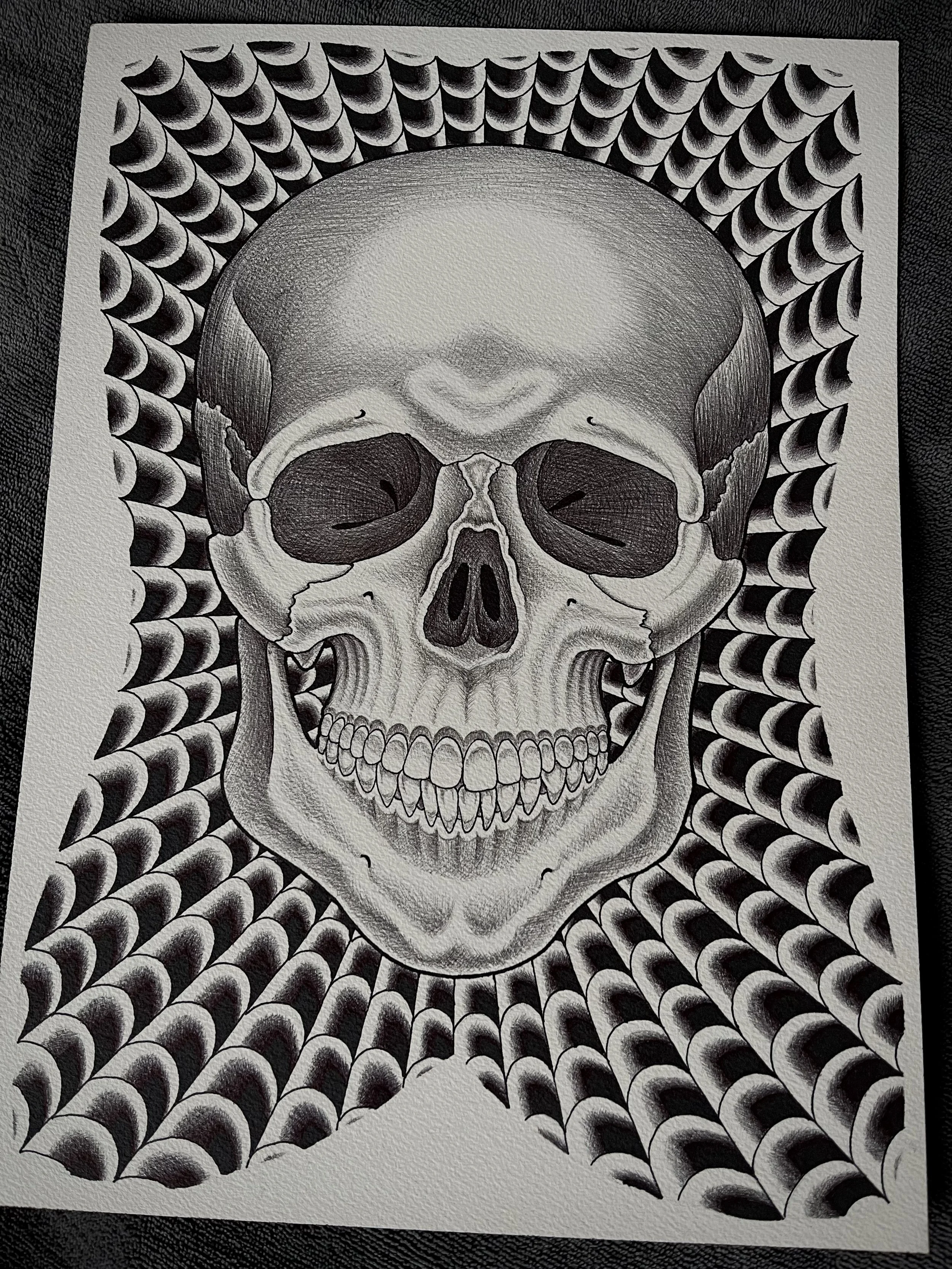 Fine line black and grey skull and web backpiece tattoo design