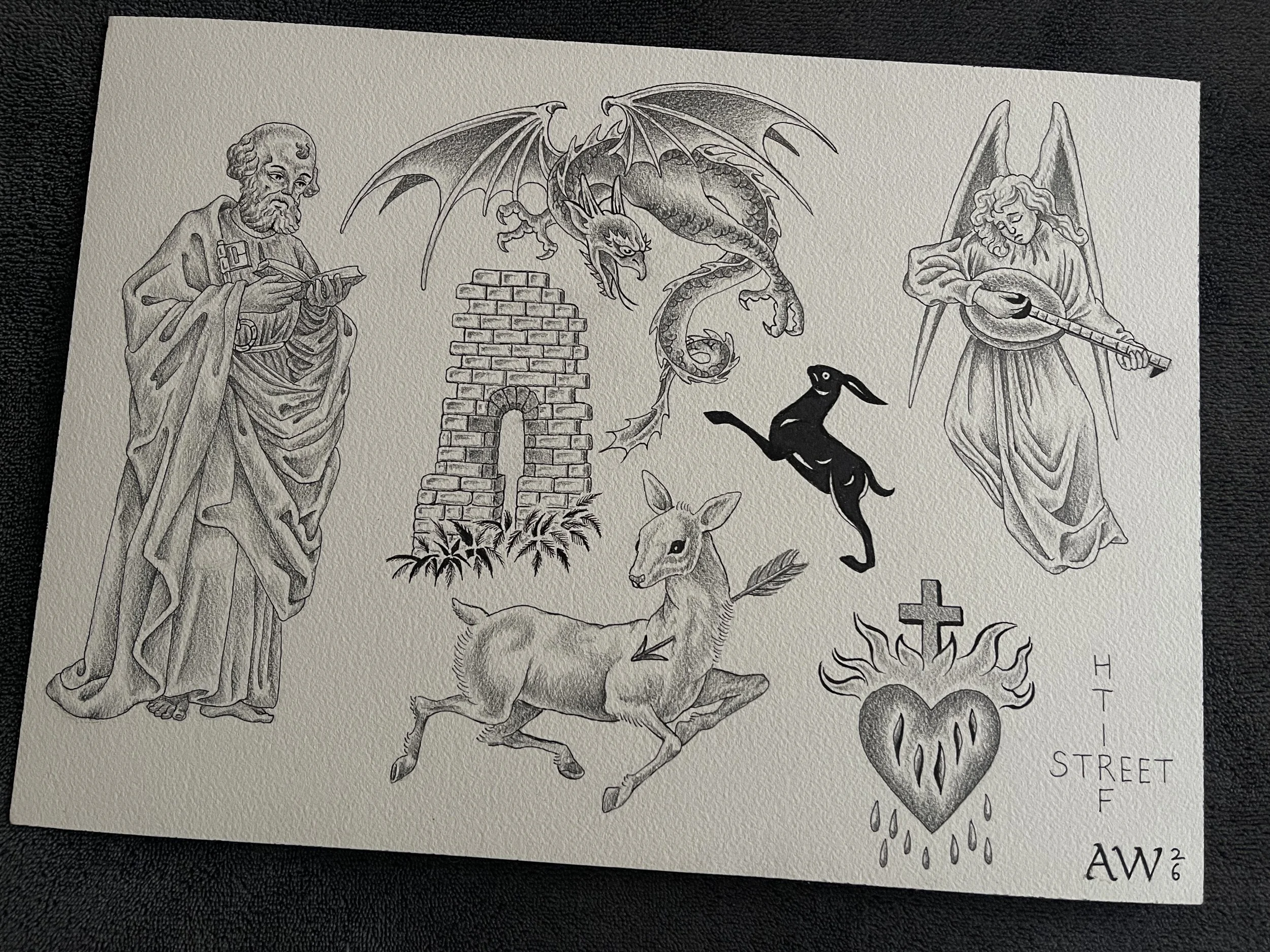 Black and grey tattoo flash sheet with old English gothic imagery, lamb, hare, sacred heart, dragon and scholar.