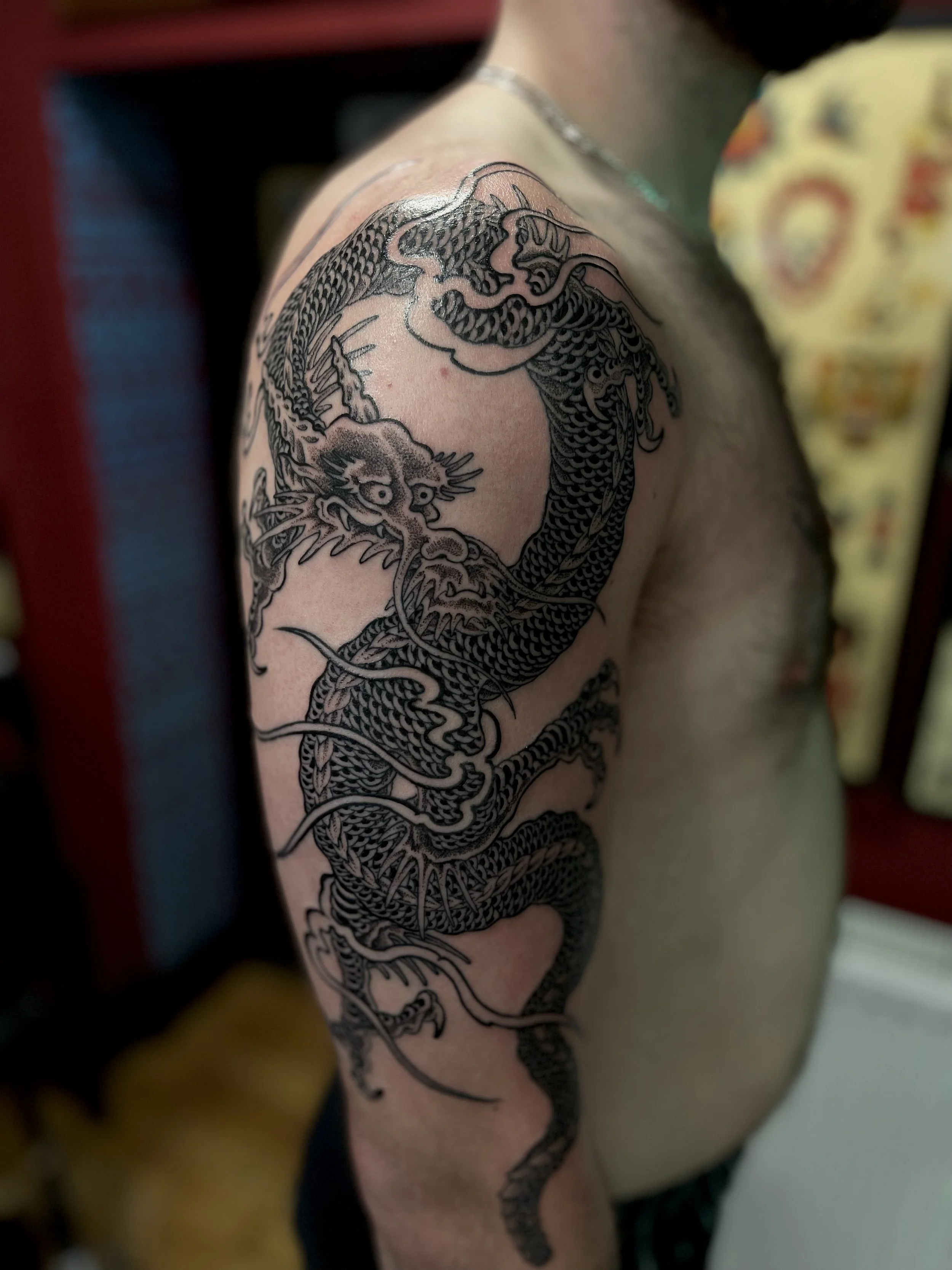 fine line black and grey japanese dragon tattoo.jpg