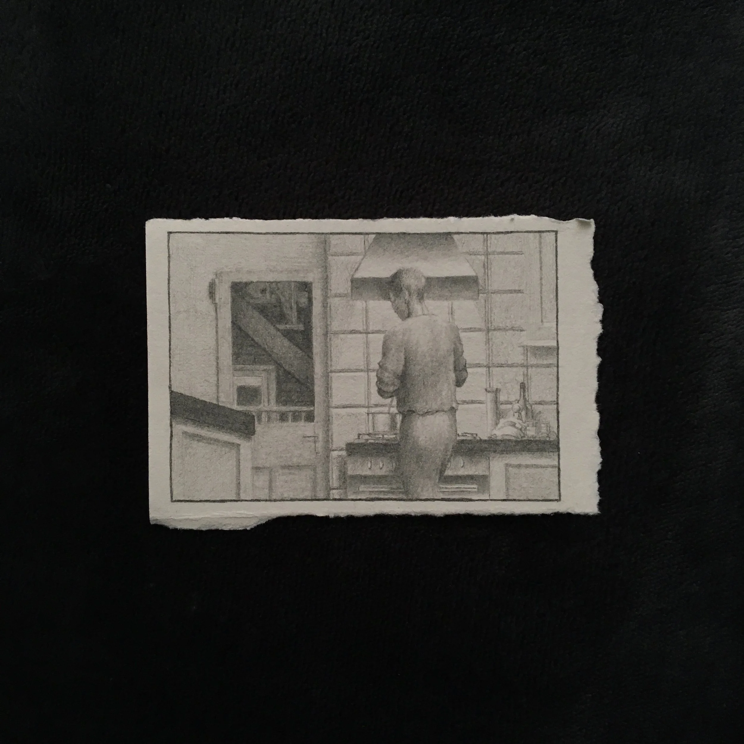 Pencil on paper illustration of a cat walking through a flat.