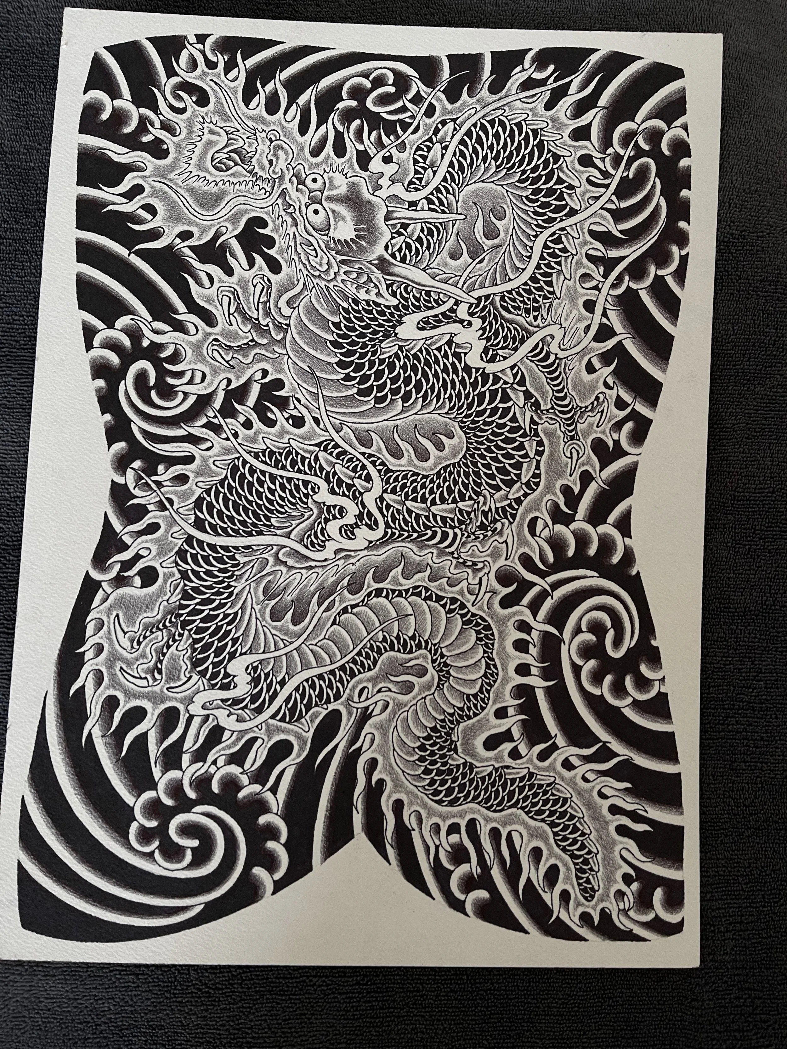 Fine line Japanese backpiece tattoo design.