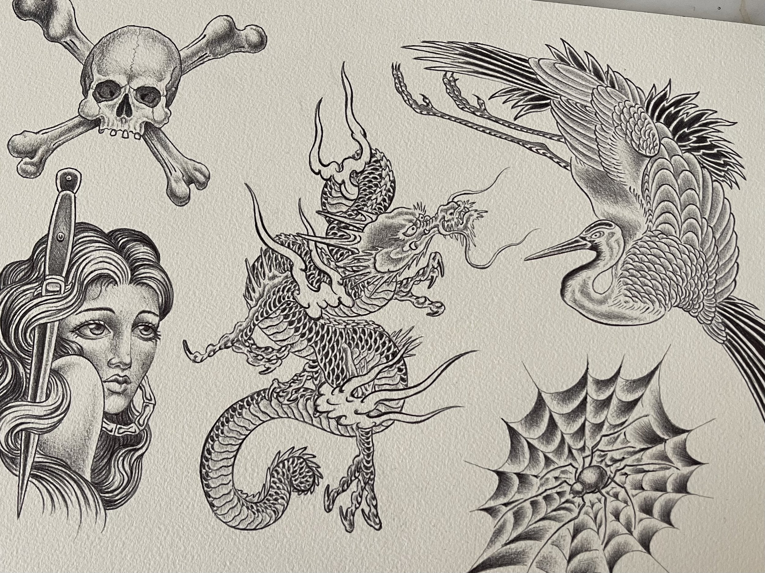 fine line black and grey tattoo design dragon crane girl spider web skull.jpg