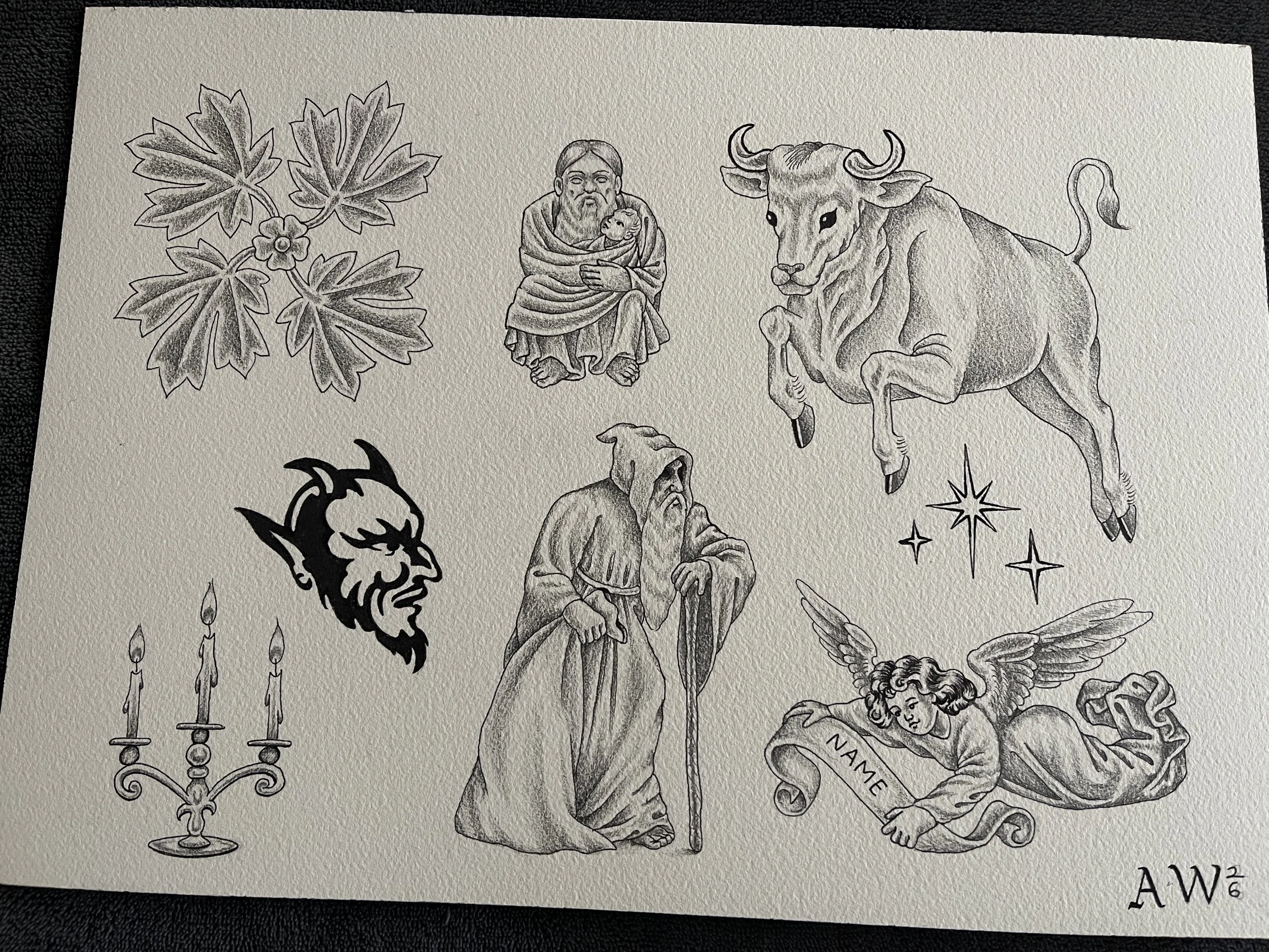 Black and grey tattoo flash designs with devil head, angel, wise old man, candle, gothic leaves, bull and father and son.