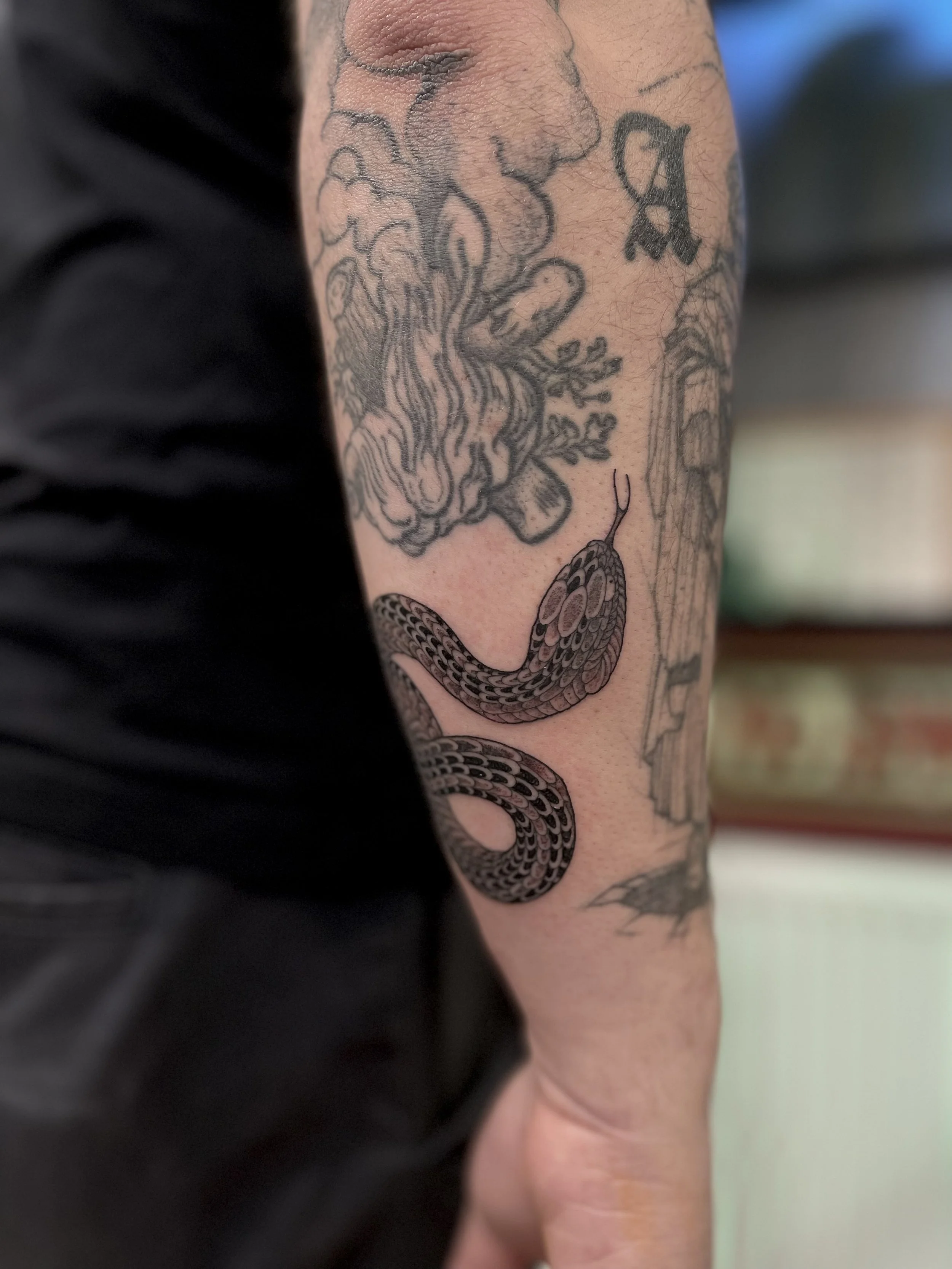 Single needle, black and grey snake tattoo round the wrist, done at Frith Street Tattoos, Soho, central London.