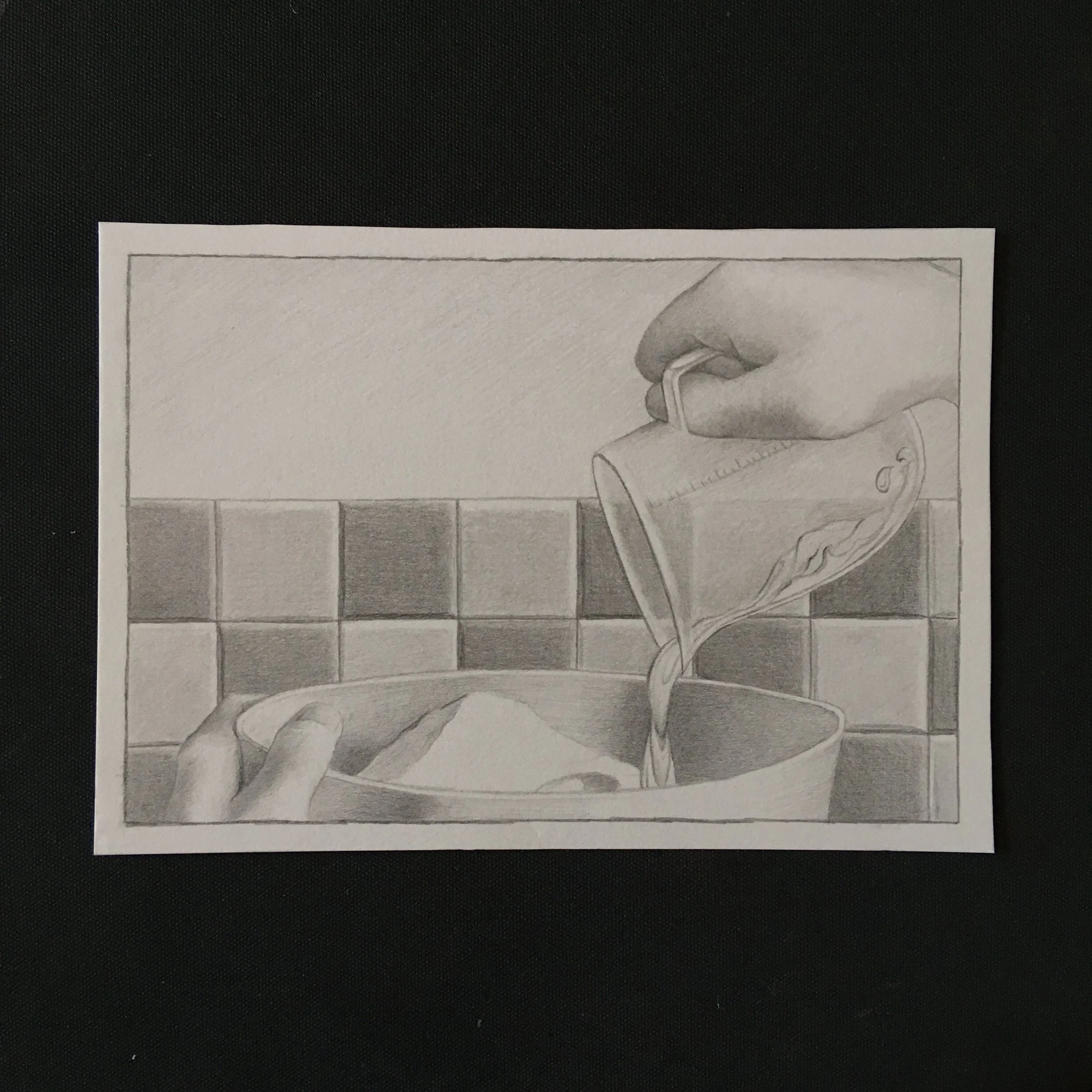 Pencil illustration of baking a loaf of bread during the 2020 covid lockdown.