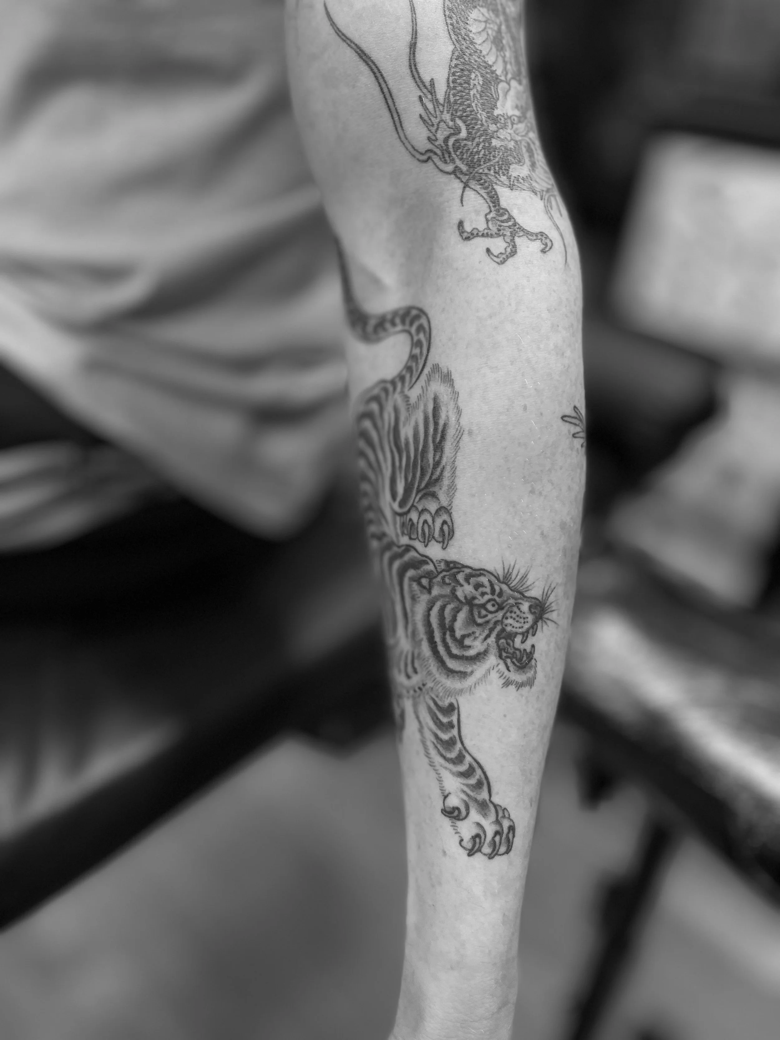 Fine line Japanese tiger tattoo on the arm, done at Frith Street Tattoos, Soho, central London.