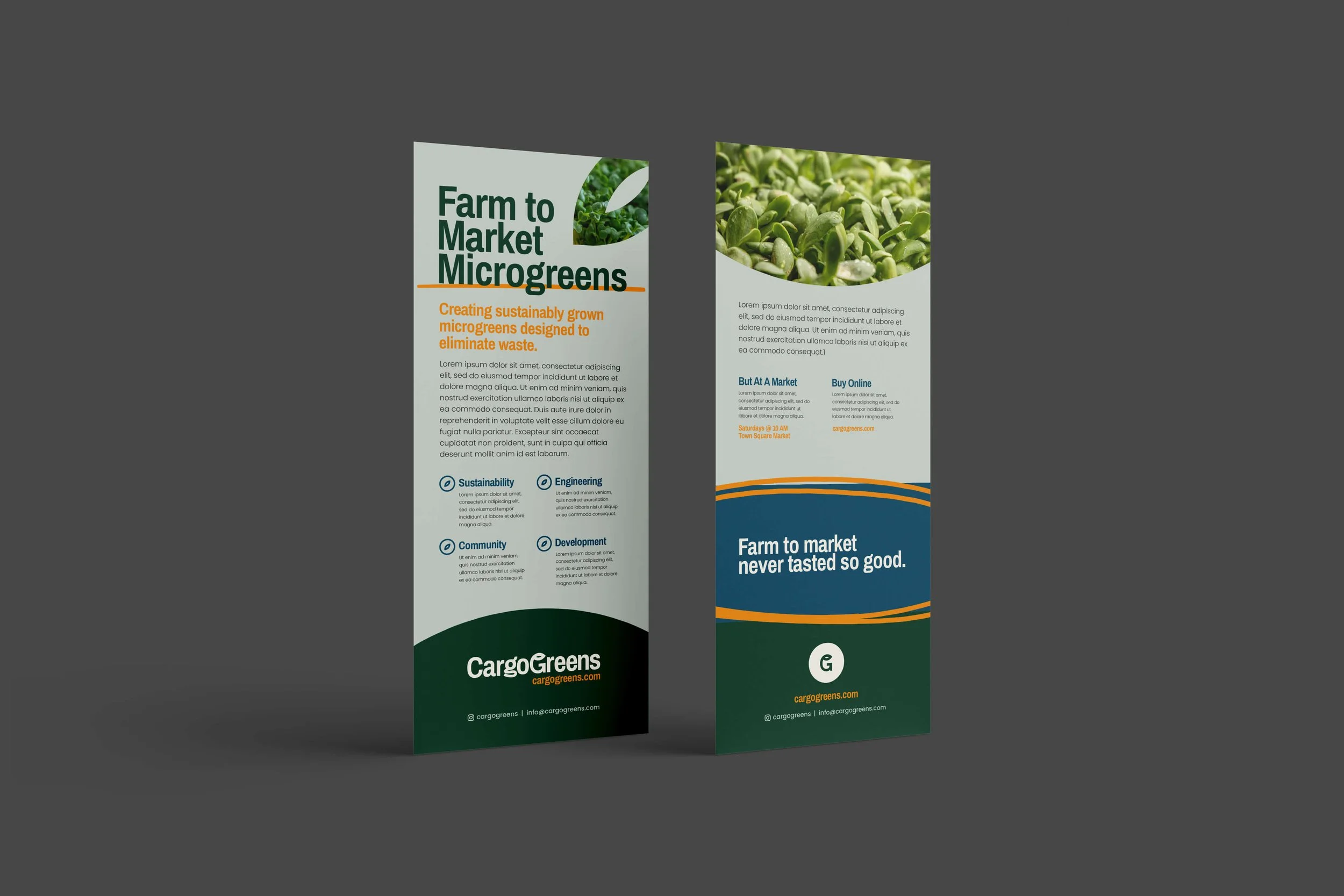 Brochure or flyer promoting microgreens with images of green microgreens, text about sustainable microgreen farming, and contact information for Cargo Greens.