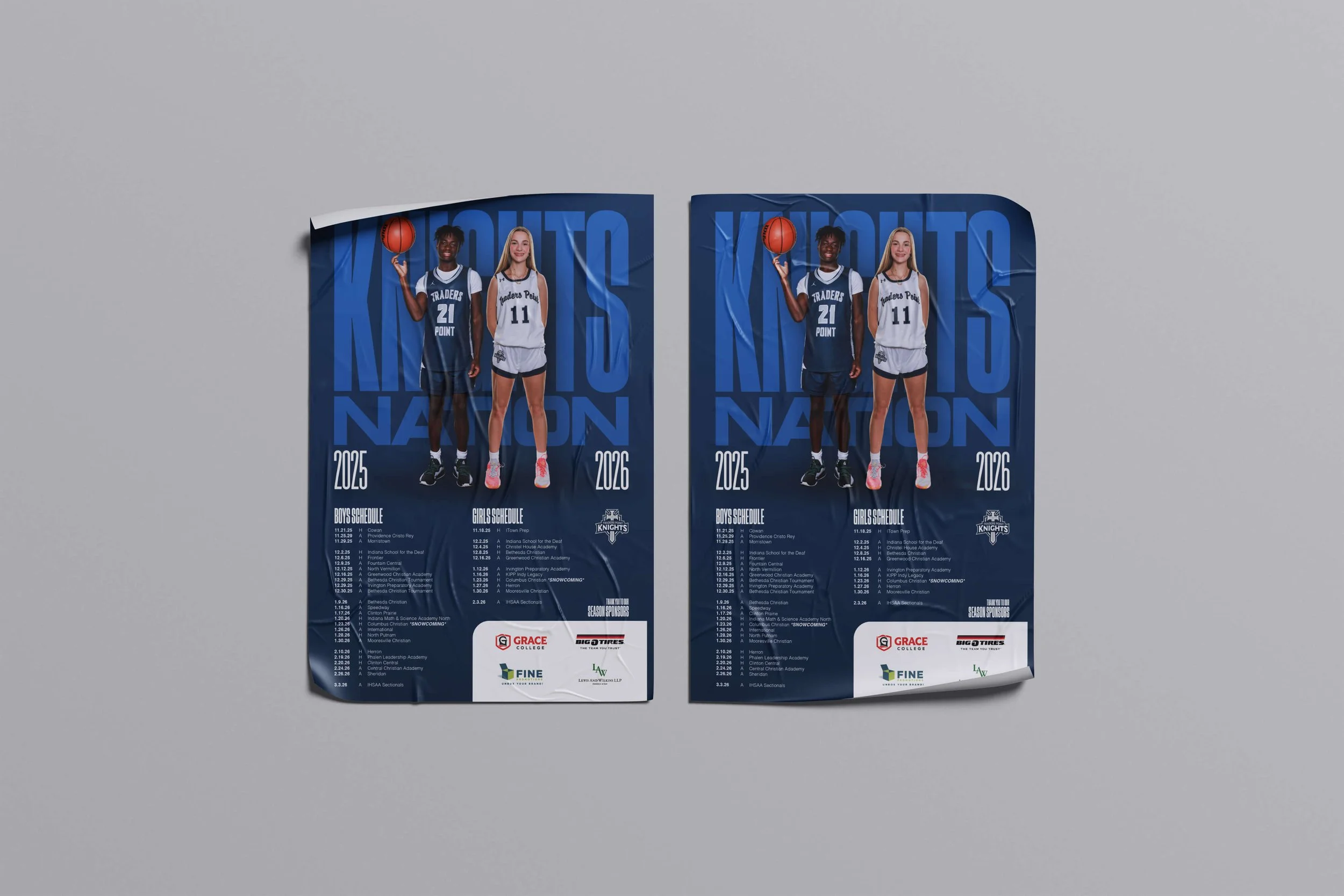 Two identical posters with images of two basketball players, a boy and a girl, wearing sports uniforms. The posters include schedules and sponsor logos, with the word 'NATION' in the background and the year '2025' on the posters.