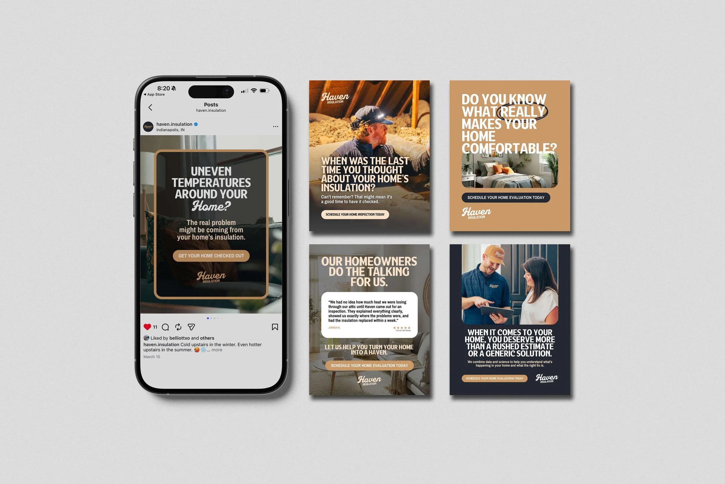 Social media posts from Haven Insulation discussing home insulation, with captions about temperature, comfort, and evaluation services, accompanied by images of workers and interior home scenes.