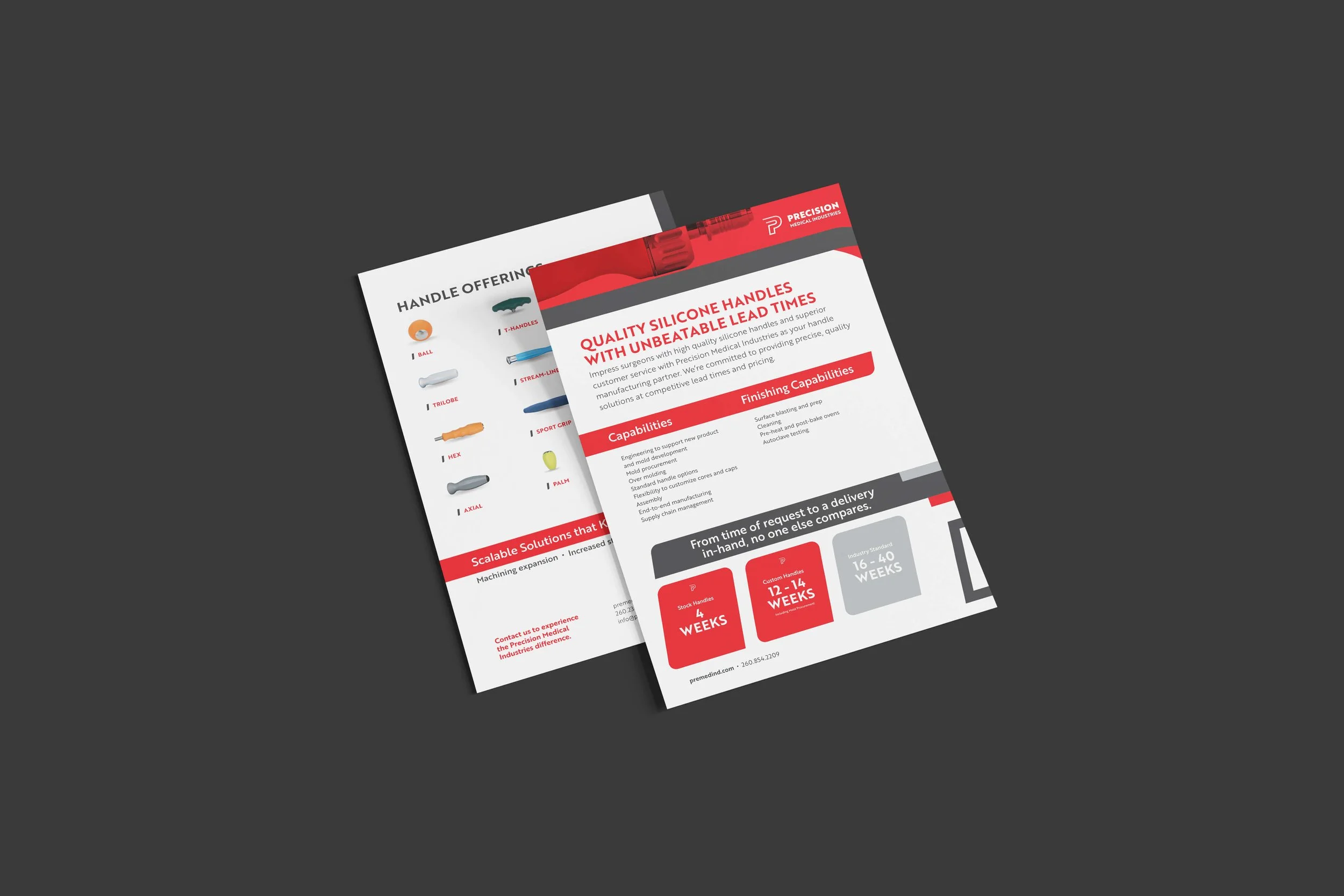 A printed brochure or flyer promoting silicone handles for medical industries, with key features and manufacturing capabilities highlighted, with a red and white color scheme.