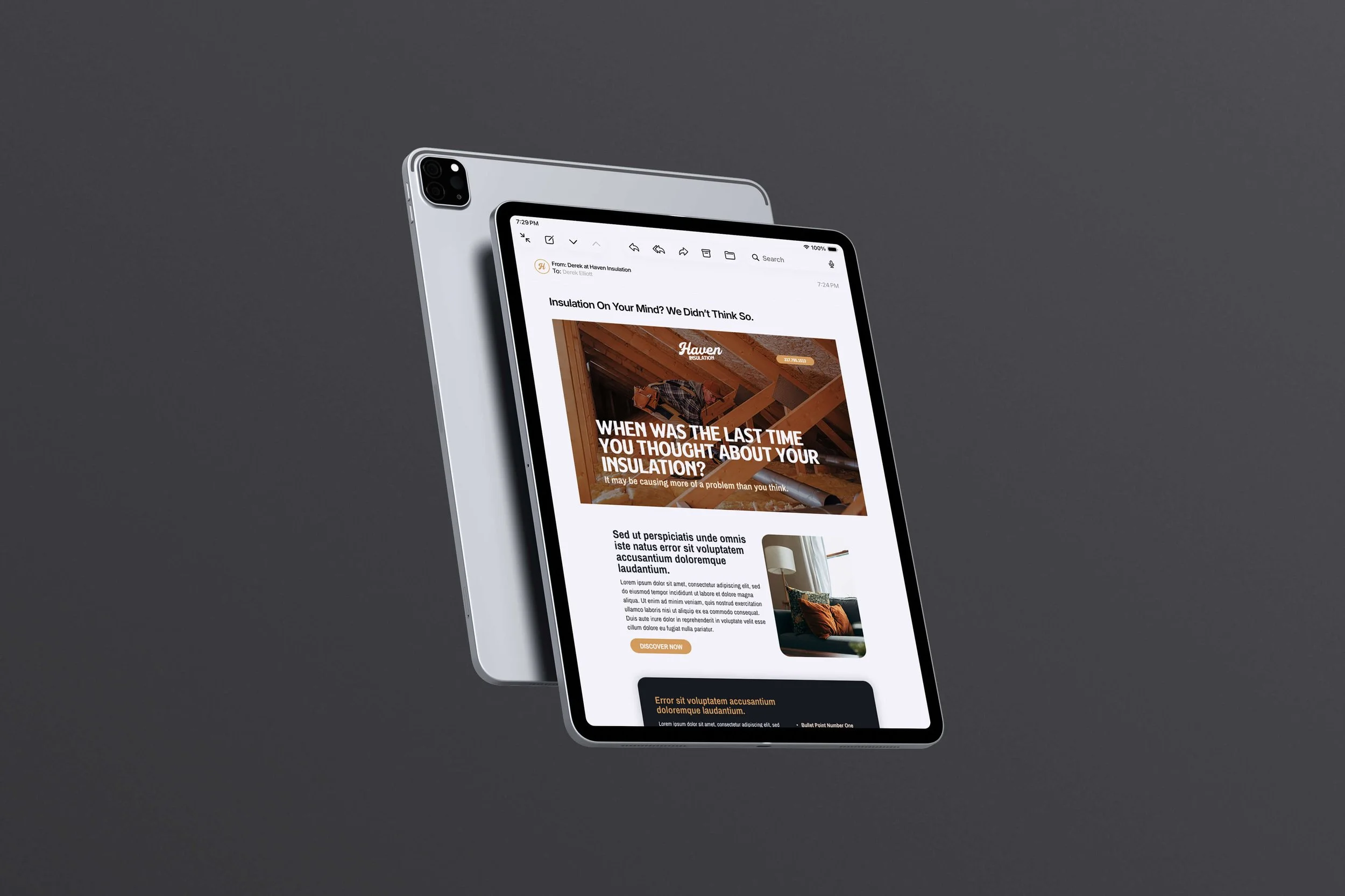 A tablet displays an email with the subject: 'Insulation On Your Mind? We Didn't Think So.' and shows a partially visible blog post about insulation on a dark gray background.