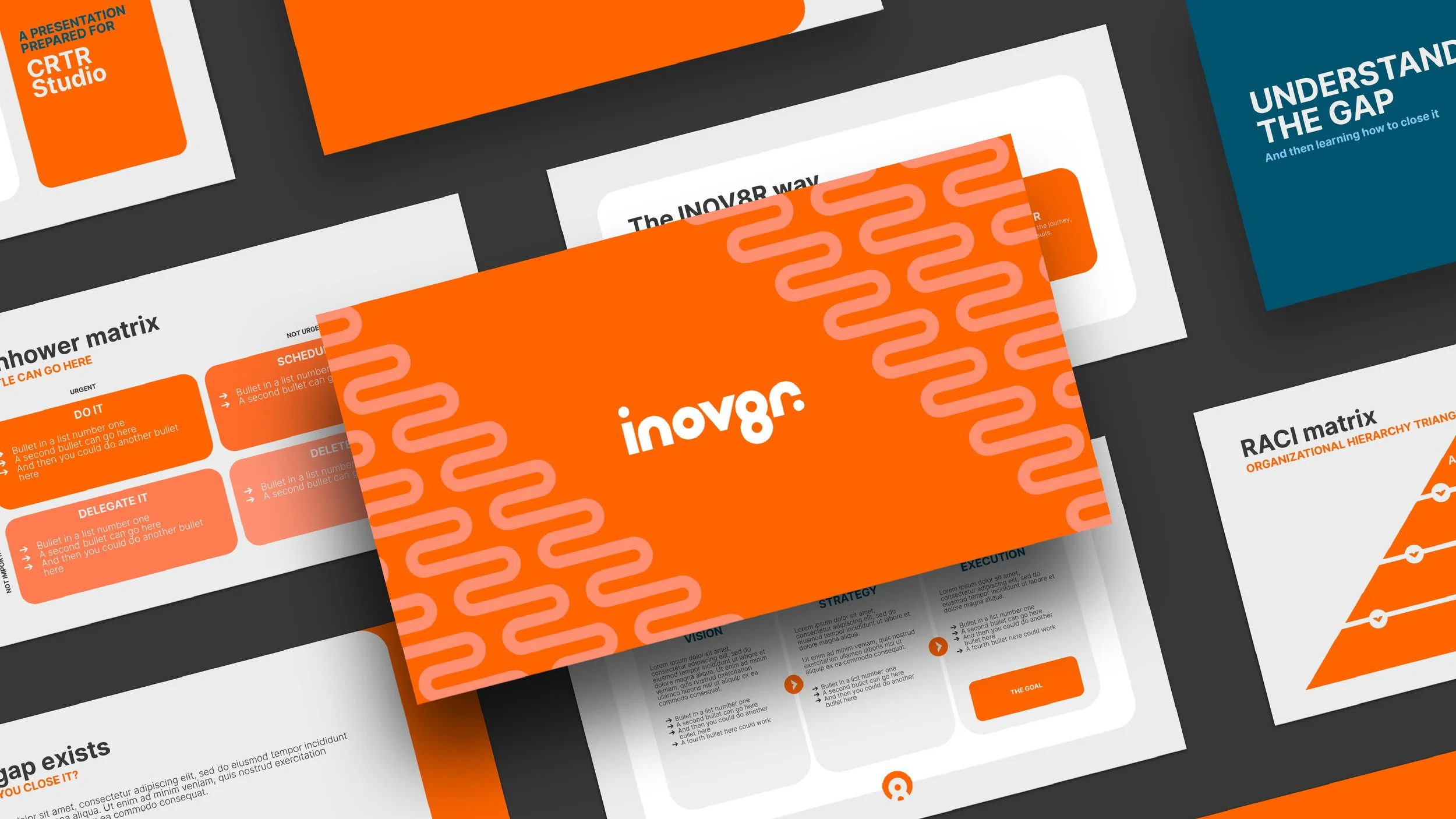 Multiple colorful presentation slides with bold orange, white, and dark blue backgrounds, featuring titles like 'Inovar,' 'Understanding the Gap,' and diagrams such as 'RACI matrix' and 'shower matrix.'