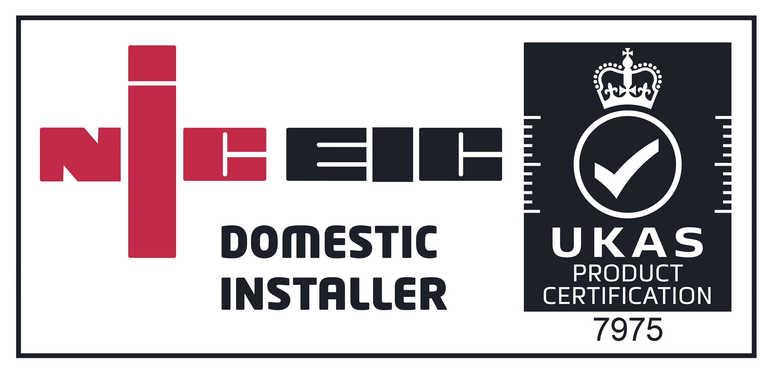 A certification badge for a domestic installer, featuring the word 'NICEIC' with a red plus sign as the 'I', and a black section showing a crown and check mark, indicating UKAS product certification from 2023.