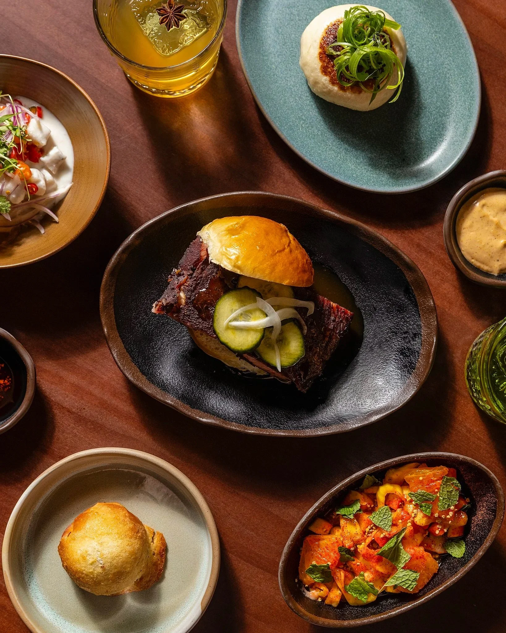 McRib sandwich, Bao bun and fruit salad