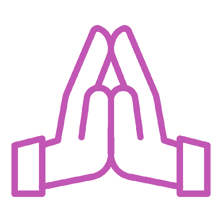 Purple outline of two hands pressed together in prayer or greeting.