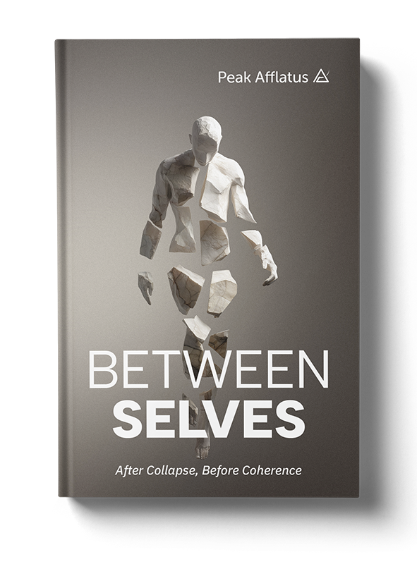 Cover of a book titled 'Between Selves: After Collapse, Before Coherence' by Peak Afflatus, featuring a fragmented sculpture of a human figure on a gradient gray background.