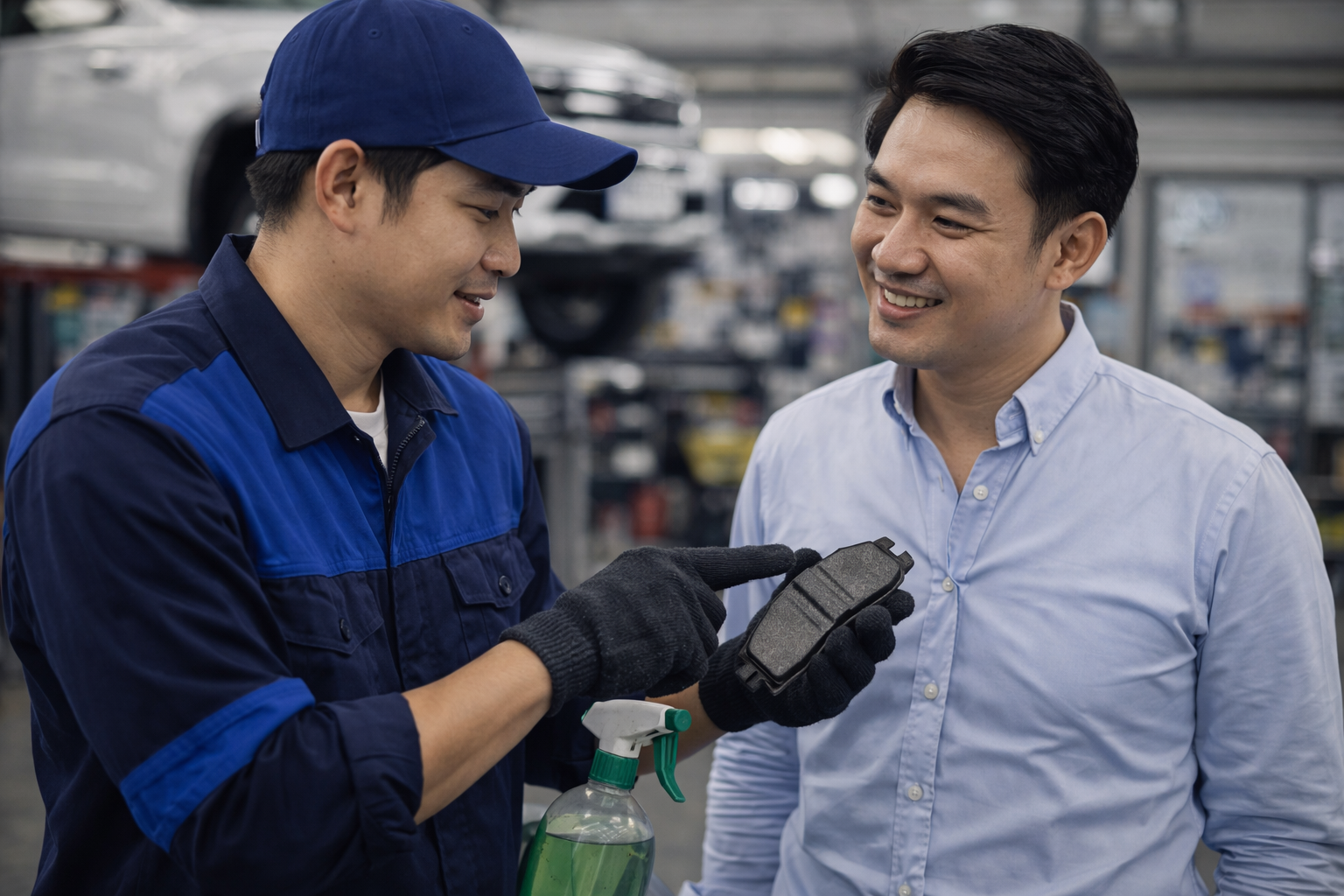 Automotive mechanic showing a smartphone to a customer in an auto repair shop.