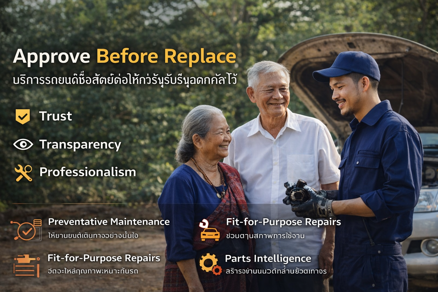 A mechanic and an elderly couple smiling outdoors with a car in the background, promoting automotive services like trust, transparency, professionalism, preventive maintenance, fit-for-purpose repairs, and parts intelligence.