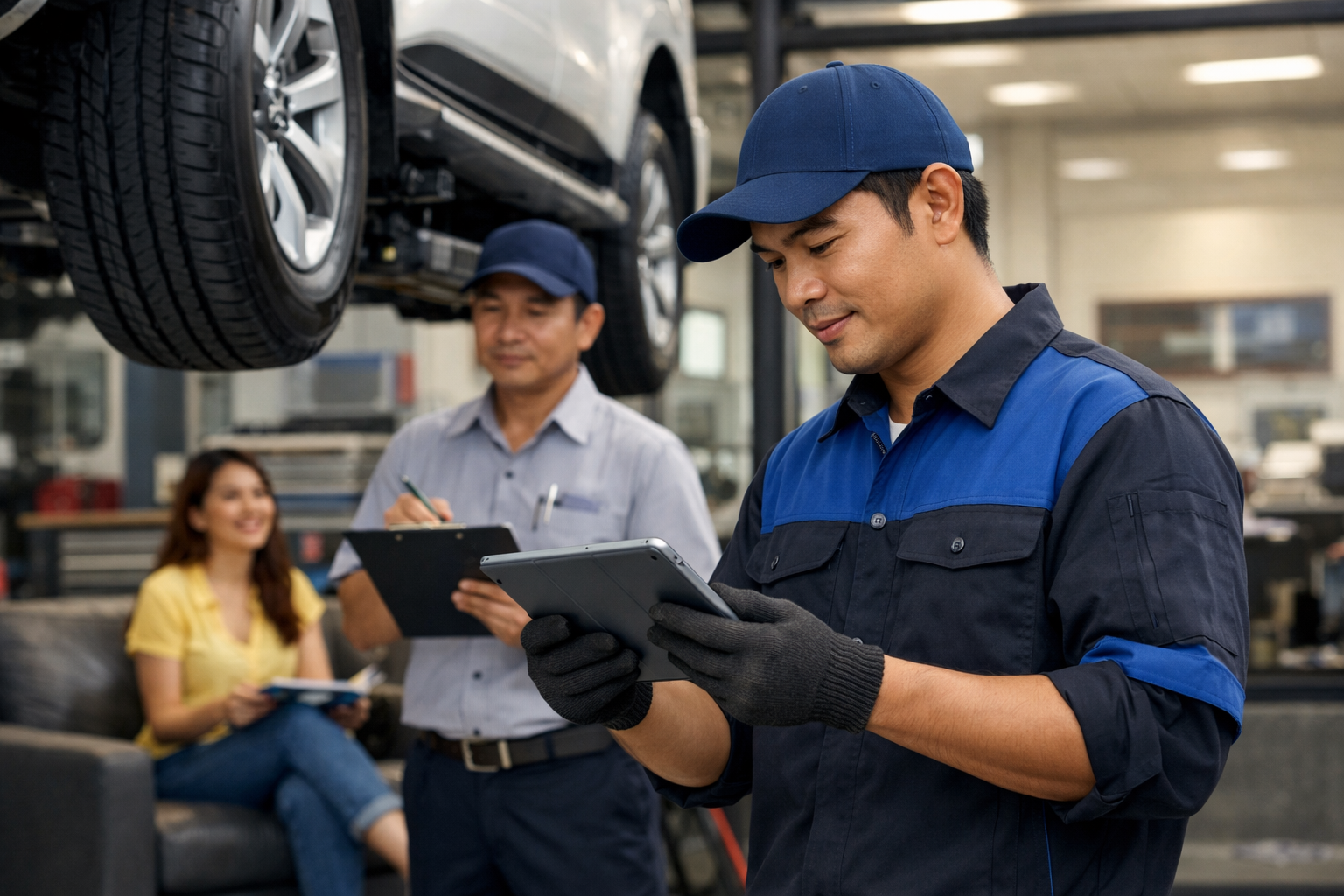 Auto mechanic in a blue uniform and cap using a tablet while working in an auto repair shop, with a car lifted above him and two colleagues, one taking notes and another sitting and smiling.