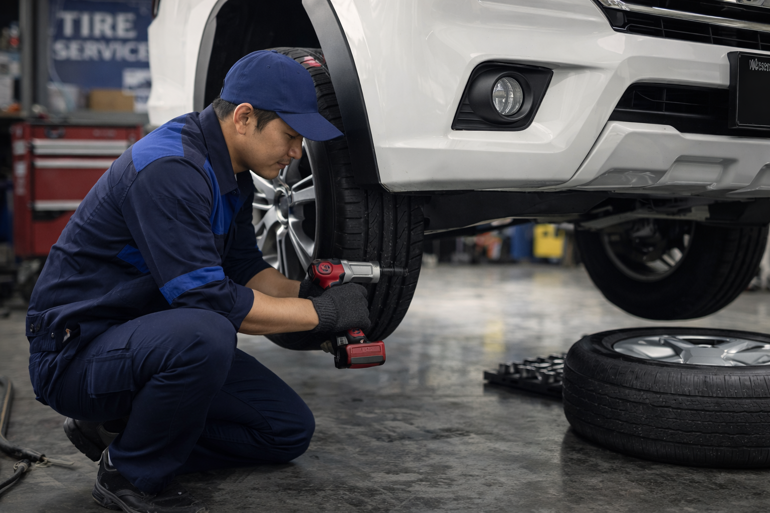 A mechanic kneeling under a white car in a garage, using a power tool on the front tire, with the removed tire resting on the floor nearby.